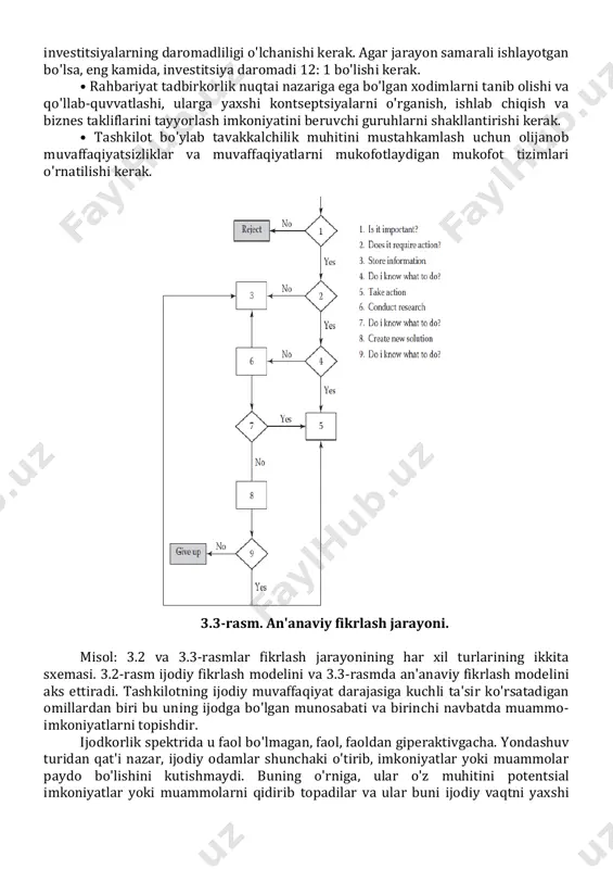 baholash kerak. javob berilishi mumkin bo'lgan odatiy savollar: • tashkilot o'zining ijodiy investitsiyasidan tushgan daromadining o'lchoviga egami? • bizning sa'y-harakatlarimizning necha foizi ijodiy faoliyatga bag'ishlangan va bu etarlimi? • tashkilotda bosh ijodkorlik bo'limi bormi? • ijodkorlik maqsadlarimiz va maqsadlarimiz bormi? • so'nggi 12 oy ichida xodimlarimizning necha foizi ijodkorlikni o'lchash mumkin bo'lgan yaxshilanishga erishdi va bu foiz yetarlimi? • yangi g'oyalarni takomillashtirish uchun resurslar mavjudmi? • tashkilotning yanada ijodiy bo'lishi yo'lida qanday to'siqlar bor? 3. ijodiy fikrlash jarayonini yo'lga qo'ying (3.2-rasmga qarang). 3.2-rasm. ijodiy fikrlash jarayoni. • hammani ijodkorlikka o'rgating. • ushbu g'oyalarni tezda amalga oshirish uchun tashkilotning hozirgi va kelajakdagi faoliyatiga muhim ta'sir ko'rsatadigan g'oyalarni yuqori rahbariyat e'tiboriga tezda etkazadigan g'oyalarni ko'rib chiqish tizimini o'rnating. kamroq ahamiyatli g'oyalarni baholashni tezlashtirish va ularni amalga oshirish uchun mas'uliyatni o'z zimmasiga olish uchun quyi darajadagi ko'rib chiqish kengashlari tuzilishi kerak. • ijodiy takliflarni moliyalashtirish uchun ko‘rib chiqish kengashi uchun byudjetlar belgilanishi kerak. …