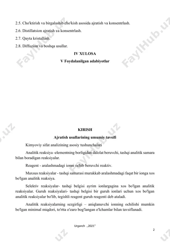 - ayni reaksiya vositasida ochilishi mumkin bo'lgan ionni g/sm3 birlikda ifodalangan minimal konsentratsiyasi. suyultirish chegarasi (w) - tarkibida 1g aniqlanuvchi ion tutgan, chegaraviy suyultirilgan eritmaning hajmi. analiz jarayonida bir moddani aniqlashga ko'pincha ikkinchi modda xalaqit beradi. shuning uchun xalaqit beradigan tarkibiy qismni aniqlanadigan moddadan ajratishga to'g'ri keladi. xalaqit beruvchi tarkibiy qismni aniqlanadigan moddadan ajratishning ikki usuli mavjud; ulardan biri, xalaqit beruvchi tarkibiy qismni tekshiriladigan eritmaning o'zida niqoblashni, ikkinchisi, uni tekshiriladigan eritmadan chiqarib olishni ko'zda tutadi. agar tekshiriladigan obyekt tarkibidagi moddalar bir-birini topish va aniqlashga xalaqit bersa, ularni bir-biridan kimyoviy, fizik yoki fizik-kimyoviy usullar yordamida ajratish mumkin. kimyoviy ajratish usullarida ajratish uchun biror yordamchi reagent tekshiruvchi qo'shiladi. bunda cho'ktirish, komplekslash, oksidlanish qaytarilish reaksiyalaridan biri yoki bir nechasi, natijasida moddaning bir qismi ikkinchi fazaga ( cho'kma, gaz, niqoblanish holati) o'tadi. ajratish uchun yuqoridagilardan tashqari filtrlash, sentrifugalash, haydash, kristallash va boshqalar ishlatilishi mumkin. fizikaviy va fizik-kimyoviy usullarda tekshiriladigan modda biror ta'sir tufayli ajratilishi …