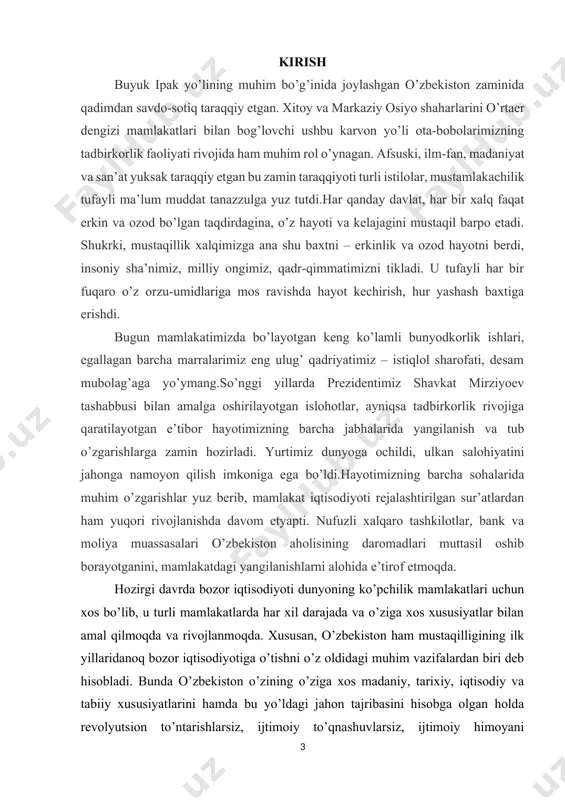 iqlash va bozor iqtisodiyotida ahamiyatini baholash. kurs ishning ishning vazifalari: 1. "talab elastikligi" va "taklif elastikligi" tushunchalarining mohiyatini aniqlash. 2. talab elastikligining turlarini (narx bo'yicha, daromad bo'yicha, kesishgan) va ularni hisoblash usullarini o'rganish. 3. taklif elastikligining turlarini va uni hisoblash usullarini o'rganish. 4. talab elastikligiga ta'sir etuvchi omillarni aniqlash (tovarning zaruriyati, o'rnini bosuvchi tovarlarning mavjudligi, daromadning ulushi, vaqt omili va boshqalar). 5. taklif elastikligiga ta'sir etuvchi omillarni aniqlash (ishlab chiqarish xarajatlari, texnologiyalar, resurslarning mavjudligi, vaqt omili va boshqalar). 6. talab va taklif elastikligining bozor muvozanatiga ta'sirini tahlil qilish. 7. talab va taklif elastikligining biznes qarorlariga ta'sirini baholash (narx siyosati, ishlab chiqarish hajmi, marketing strategiyalari). 8. talab va taklif elastikligidan davlat siyosatida foydalanish imkoniyatlarini o'rganish (soliq siyosati, narxlarni tartibga solish, ijtimoiy dasturlar). kurs ishning ob’yekti: bozor munosabatlari. kurs ishning predmeti: talab va taklifning o'zgaruvchanligi (elastikligi) va unga ta'sir etuvchi omillar. kurs ishining tuzilishi: kirish, 2 bob, har bir bobda 2 ta …