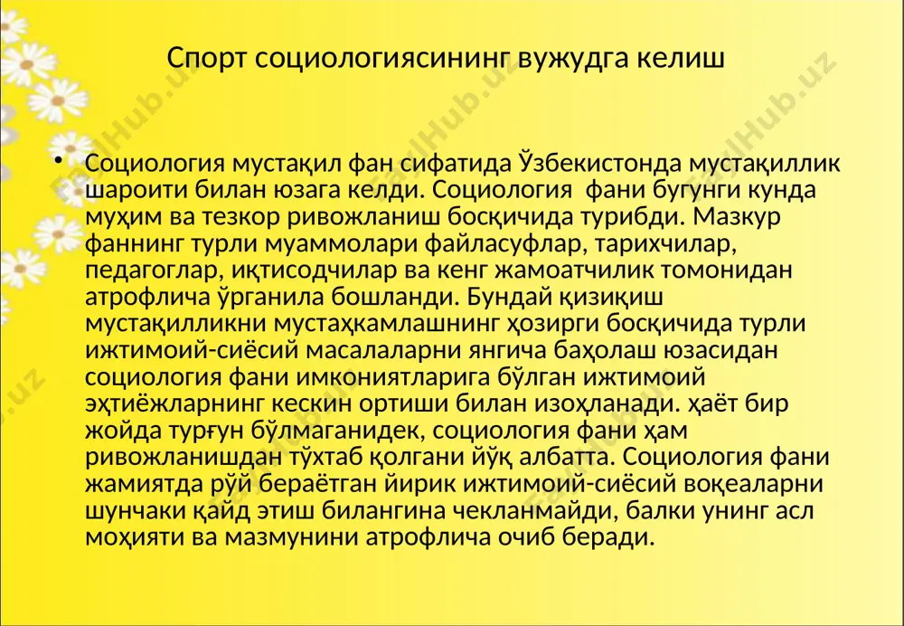 логияси халкаро комитети, халкаро социологик ассоциациясининг охирги тадкикот комитети сифатида шухрат козонди. ҳозирги даврда ушбу комитетга 40 та давлат олимлари аьзо хисобланадилар. давлат ва спорт масалалари спорт ўз мохиятига кўра сиёсийдир. хар бир спортчи жаҳон мусобақаларида ўз она ватани шону-шуҳратини оширишга, бутун дунёга ёйишга ҳаракат қилади. ўзбекистон мустақиллика эришганидан кейин, халқ ҳужалигининг бошқа соҳалари билан бир қаторда жисмоний тарбия ва спорт соҳасида хам ижобий ўзгаришлар рўй берди. 1992 йил жисмоний тарбия ва спорт тугрисидаги қонун ишлаб чиқилди ва бу қонун 2000 йил олий мажлис томонидан янги таҳрирда қабул қилинди. бу қонун мамлакатимизда жисмоний тарбия ва спортни янада ривожлантиришда асосий дастуруламал бўлиб, унинг ижросини таъминлашда давлат ва жамият органларининг вазирларини конуний белгилаб беради. ҳозирги кунда халқ таълим тизимида 6118 та мактабгача таълим муассасалари бўлиб улар учун мактабгача таълим муассалари учун болаларни жисмоний тарбиялаш инструкторларига бўлган умумий эҳтиёж 3512 тани, йиллик 878 тани ташкил этади. умумий ўрта таълим мактаблари 9692та бўлиб, уларга …