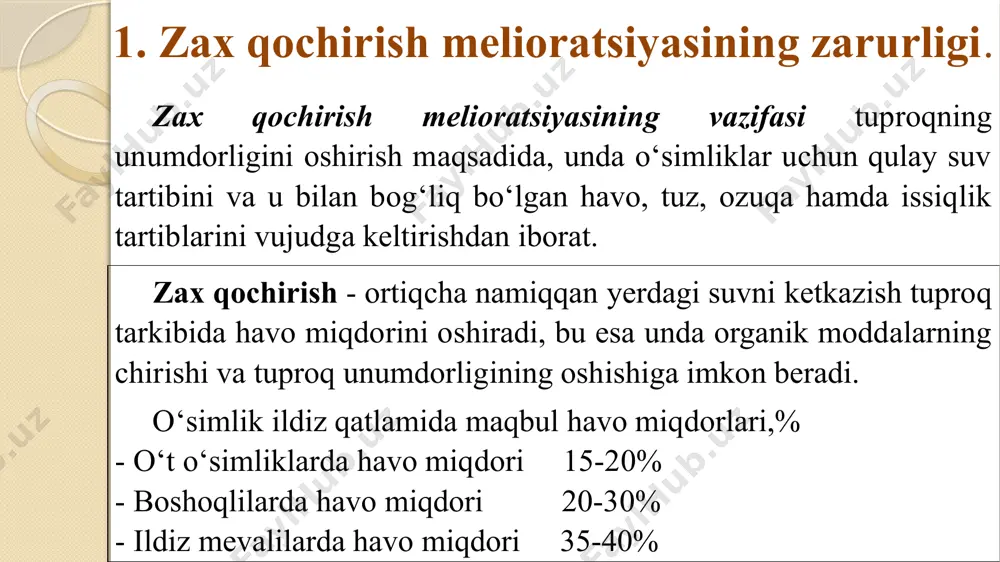 ot suvlar oqimi yo‘lini to‘sish sizot suvlarining oqib kelish miqdorini kamaytirish bosimli sizot suvlarining pezometrik sathini zax qochirish maydonidan pasaytirish ilmiy asoslangan sug‘orish rejimiga amal qilish sug‘orish tarmoqlarida va sug‘orish dalasidagi suv isrofgarchiligiga qarshi kurash sug‘orishdan hosil bo‘lgan yer usti va yer osti suvlarining oqimini tezlashtirish zax qochirish yo‘llari qabul qilingan sug‘orish rejimini iqlimiy shart-sharoitlarni o‘rganishga qarab olib borish, sug‘orishda loyihaviy ish unumiga va sug‘orish koeffitsienti qiymatiga erishish uchun ilmiy asoslangan sug‘orish texnikasini qabul qilish sug‘orish tarmoqlarida suv isrofgarchiligiga qarshi kurash tadbirlari (ekspluatatsion, konstruktiv, qurilish) mukammal sug‘orish usuli va texnikasini qo‘llash yotiq (ochiq va yopiq) zovurlar qurish agrotexnik tadbirlarni (daraxtlar o‘tkazish, almashlab ekish, yerlarni tekislash, tuproq g‘ovakligini oshirish va h.k.) qo‘llash. ochiq va yopiq yig‘uvchi kanallar qurish, yerlar yuza qatlamini tekislash, agromelio-rativ tadbirlar (tuproqni yumshatish, yon-bag‘ir nishabligi bo‘yicha ishlov berish)ni qo‘llash. 3. tuproqdagi tuzlarning tarkibi, yerlarning sho‘rlanish turi va darajasi. sho‘rlangan yerlar ikkita guruhga bo‘linadi: sho‘rxok va sho‘rxoksimon yerlar. sho‘rtob …
