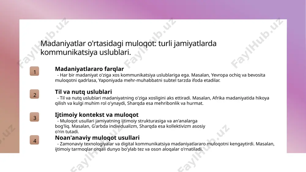 akatlar, mimika va intonatsiya kabi noverbal signallar, so‘zlarsiz ham his-tuyg‘ularni etkazishda va munosabatlarni chuqurlashtirishda muhim ahamiyatga ega. 04 raqamli texnologiyalar internet va mobil ilovalar orqali muloqot, shaxslararo aloqalarni kengaytirib, zamonaviy jamiyatda tez va qulay kommunikatsiya imkonini yaratadi. axborot va tushunishga asoslangan muloqotning ijtimoiy va shaxslararo kuchayishi. 1 ma'lumot va tushunishning roli axborot va tushunishga asoslangan muloqot, shaxslar o'rtasida aniq va samarali aloqani ta'minlab, ijtimoiy hamda shaxslararo bog'lanishlarni kuchaytiradi. 2 kommunikatsiya kuchaytiruvchi omil to‘g‘ri axborot va tushunish, shaxslararo munosabatlarda ishonch va hamkorlikni oshiradi, bu esa ijtimoiy integratsiya va muvofiqlikni rivojlantiradi. 3 tarjimali va ijtimoiy rivojlanish axborotni to‘g‘ri yetkazish va anglash, madaniyatlar o‘rtasida tushunishni mustahkamlab, zamonaviy jamiyatlarning rivojlanishida muhim o‘rin tutadi. madaniyat va ijtimoiy kontekstda muloqotni ifodalaydigan asosiy unsurlar 1 madaniy unsurlar muloqotni ifodalashda madaniyatning asosiy unsurlari til, odatlar, qadriyatlar va kommunikatsiya uslublaridir. bu elementlar ijtimoiy kontekstda muloqotni shakllantiradi. 2 ijtimoiy rol va qadriyatlar ijtimoiy rollar va qadriyatlar muloqotni boshqaradi, shaxslar o'rtasida …