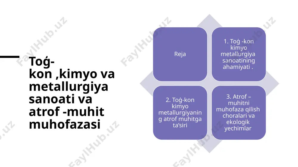 at tarmoqlari uchun zarur mahsulotlar: kimyo sanoati to‘qimachilik, qurilish, farmatsevtika va to‘qimachilik kabi tarmoqlar uchun zarur bo‘lgan mahsulotlar, masalan, sintetik tolalr, plastmassa, bo‘yoqlar va boshqalarni ishlab chiqaradi. eksport salohiyatini oshirish: kimyo sanoati o‘zbekiston eksport salohiyatini kengaytirishga yordam beradi, chunki ular o‘zlarining mahsulotlarini dunyoning turli burchaklariga eksport qilish imkoniyatiga ega. metallurgiya sanoatining ahamiyati qimmatli metallarni qayta ishlash: metallurgiya sanoati toģ-kon sanoatidan olingan oltin, mis, kumush, rux, qo‘rg‘oshin kabi metallarni qayta ishlash va ulardan yuqori qiymatli buyumlar (masalan, sim, list, quvurlar) ishlab chiqarish bilan shug‘ullanadi. sanoat va qurilish sektorining rivojlanishi: metallurgiya mahsulotlari qurilish, mashinasozlik, elektrotexnika kabi tarmoqlar uchun zarurdir, bu esa iqtisodiy rivojlanishga turtki beradi. eksport daromadini oshirish: metallurgiya mahsulotlarining eksporti o‘zbekistonga katta valyuta tushumini olib keladi va iqtisodiy barqarorlikni mustahkamlashga yordam beradi. tog'-kon va kimyo metallurgiya sanoati atrof-muhitga quyidagicha salbiy ta'sir ko'rsatadi: havo, suv va tuproqning ifloslanishi, biologik xilma-xillikning yo'qolishi, shuningdek, tuproq eroziyasi va manzaraning buzilishi. asosiy ta'sirlar: havo ifloslanishi: tog'-kon …