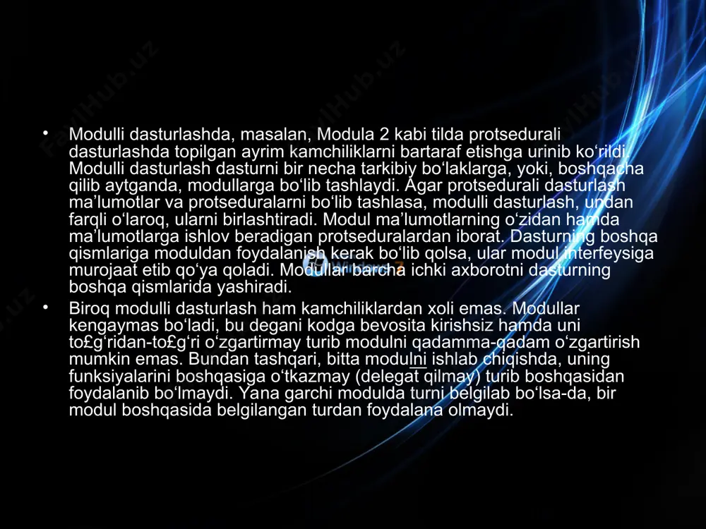 ‘rniga obyektlardan iborat dastur qurish mumkin. obyektlar otlar, fe’llar va sifatlar yordamida haqiqiy dunyoni dasturda modellashti­rishga imkon beradi. joriy qilish (realizatsiya) xatti-harakatlar qanday bajarilayotganini belgilaydi. dasturlash atamalarida joriy qilish — bu dasturiy kod. www.arxiv.uz www.arxiv.uz yechilayotgan masala atamalari bilan fikrlab, joriy qilishning mayda-chuyda detallarida o‘ralashib qolish xavfidan qochish mumkin. albatta, ayrim oliy darajadagi obyektlar kompyuter bilan aloqa qilishda past darajadagi, mashinaga mo‘ljallangan usullardan foydalanishi lozim. biroq obyekt bu aloqani tizimning boshqa qismlaridan izolatsiya qiladi. obyekt dastur konstruksiyasi bo‘lib, unda holat va xatti-harakat inkapsulatsiyalangan bo‘ladi. obyekt holati bu ichki obyekt o‘zgaruv- chanlari qiymatlarining yig‘indisidir. ichki o‘zgaruvchan deb obyekt ichida saqlanadigan qiymatga aytiladi. mohiyat-e’tibori bilan obyekt bu sinfning ekzemplyari (nusxala- ridan biri)dir. omd, haqiqiy dunyo kabi, obyektlardan tashkil topadi. obyektga mo‘ljallangan sof dasturlash tilida eng dastlabki, bazaviy, butun, mantiqiy turlardan tortib, to sinflarning murakkabroq nusxalarigacha, barchasi obyekt hisoblanadi. biroq obyektga mo‘ljallangan tillarning hammasi ham bu darajada chuqurlashib ketmagan. ayrim tillarda (masalan, java …