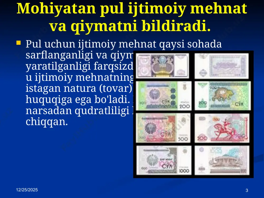 hun zarur bo’lgan pul miqdorini qo’yidagi formula bilan ifodalash mumkin. shunday qilib, muomala uchun zarur bo’lgan pul miqdoriga ishlab chiqarish rivoji va shart-sharoitlariga bog’liq bo’lgan turli xil omillar ta’sir ko’rsatadi. 2/9/2023 10 muomala uchun zarur bo’lgan pul miqdoriga ta’sir ko’rsatuvchi asosiy omil - bu tovarlar va xizmatlar bahosi hisoblanadi. pul miqdori tovarlar va xizmatlar bahosiga to’g’ri proportsional, ya’ni tovarlar va xizmatlar bahosining oshishi muomalaga ko’p pul chiqarishni talab qiladi. pul miqdoriga ta’sir qiluvchi ikkinchi omil - bu pulning aylanish tezligi hisoblanadi. bu omil pul miqdoriga teskari ta’sir ko’rsatadi. pul qanchalik tez aylansa, muomala uchun zarur bo’lgan pul miqdori shuncha kam talab qilinadi va aksincha image1.jpeg image2.png image3.png image4.png image5.png image6.png image7.jpeg image8.jpeg image9.png image10.png image11.png image12.png /docprops/thumbnail.jpeg