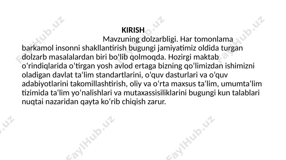 jamiyatni isloh qilish va yangilash jarayonining eng muhim bugungi jamiyatdagi demokratik o’zgarishlarning, iqtisodiyotni barqaror rivojlantirishning, respublikaning jahon hamjamiyatiga integratsiyalashuvining zarur va majburiy sharti sifatida ta’lim sohasini isloh qilish siyosati izchillik bilan amalga oshirilmoqda. bugungi kunda kadrlar tayyorlash milliy dasturi yosh avlodga uzluksiz ta’lim berish va uni tarbiyalash jarayonini yaxlit qamrab oladigan yagona ta’lim tizimi hisoblanadi matematika boshlang’ich ta’lim metodikasining predmeti quyidagilardan iborat: 1.matematika o’qitishdan ko’zda tutilgan maqsadni aniqlab asoslash (nima uchun matematika o’qitiladi, o’rgatiladi) 2. matematika o’qitish mazmunini ilmiy ishlab chiqish (nimani o’rgatish) bir tizimga keltirilgan bilimlar darajasini o’quvchilarining yosh xususiyatlariga mos keladigan qilib qanday taqsimlansa, fan asoslarini o’rganishda izchillik beradigan yuklama bartaraf qilinadi, ta’lim mazmuni o’quvchilarning aniq bilim olish imkoniyatlariga mos keladi. maktabda matematikani o’qitishni uyushtirishning tarixiy, murakkab, ko’p yillik tajribada tekshirilgan va hozirgi zamonning asosiy talablariga javob beradigan shakli darsdir. matematikaning eng qadimgi davrlaridan hozirgi kungacha bo’lgan ko’p asrlik rivojlanish tarixida uning 4 ta rivojlanish davri qayd etiladi: …