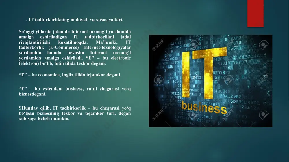 i darajasini ta’minlashning imkoni yo‘qligi. - intellektual mulkka huquqlarni samarali himoya qilishni ta’minlash muammosi hal etilmaganligi; bu ayniqsa elektron usul bilan tarqatilishi mumkin bo‘lgan tovarlarga tegishlidir; - ochiq tarmoqlarda elektron biznesni amalga oshirishni kerakli maxfiyligi hamda xavfsizligini kafolatlaydigan ishonchli mexanizmlar ishlab chiqilmaganligi; - it tadbirkorlik tizimida samarali ishlay oladigan malakali mutaxassislarni etishmasligi (o‘zbekiston oliygohlarida biznes sohasi mutaxassislarini tayyorlash asosan savdoni olib borishning an’anaviy shakllariga mo‘ljallangan); - it tadbirkorlik qatnashchilari salohiyatli xaridorlarning ko‘pchilik qismi talablariga javob beradigan tovarlar va xizmatlarga bo‘lgan narhlar tizimiga tayanmasligi; - it tadbirkorlik qatnashchilarining o‘zaro munosabatlarini tartibga soladigan huquqiy bazaning nomukammalligi; - internet-kompaniyalari (jumladan elektron magazinlar)ni tashkil qilish va amal qilishining iqtisodiy samaradorligini to‘g‘ri baholashga xizmat qiladigan maxsus metodikalar yo‘qligi; o‘zbekistonda doitboy xo‘jaev, fo‘zailov, qalandarov, xokimboev, abdullaev, davidov kabilarning tadbirkorlik faoliyati monopoliya darajasiga ko‘tarildi. lekin ularning egalari chet elliklar edi (eron va o‘rta osiyo davlatlari bilan aloqalarni amalga oshiruvchi moskva savdo-sanoat uyushmasi, aka-uka shlossberglar uyushmasi, emil sindel …