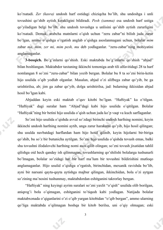 navbatdagi harflardan ham hijo hosil qilinib, keyin hijolarni bir-biriga qo’shib, bu so’z bir butunicha aytilgan. so’zni hijo usulida o’qishda tovush emas, balki shu tovushni ifodalovchi harfning nomi asos qilib olingan; so’zni tovush jixatidan tahlil qilishga oid hech qanday ish qilinmagan, tovushlarning qo’shilishi bolalarga tushunarli bo’lmagan, bolalar so’zidagi har bir harf ma’lum bir tovushni bildirishini mutloqo anglamaganlar. hijo usulid o’qishga o’rgatish, birinchidan, mexanik ravishda bo’lib, ayni bir narsani qayta-qayta aytishga majbur qilingan, ikkinchidan, bola o’zi aytgan so’zining ma’nosini tushunmay, maktabdordan eshitganini takrorlay bergan. “haftiyak” ning keyingi ayrim suralari so’zni yaxlit “o’qish” usulida olib borilgan, aniqrog’i bola o’qimagan, eshitganini to’tiqush kabi yodlagan. natijada bolalar maktabxonada o’qiganlarini o’zi o’qib yurgan kitobidan “o’qib bergan”, ammo ularning qo’liga maktabda o’qilmagan boshqa bir kitob berilsa, uni o’qiy olmagan; eski maktabda 6-10 yil muntazam o’qigan bolalarning juda ko’p deganda 4-5 foizigina o’qish va yozish ko’nikmasini hosil qilgan. turkistonda ochilgan rus-tuzem maktablari savod o’rgatishda ma’lum darajada ijobiy rol …