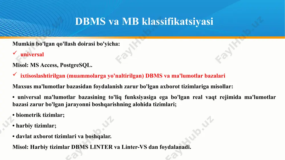 ifi 5 foydalanish xususiyatiga ko'ra, ma'lumotlar bazalari quyidagilarga bo'linadi: shaxsiy. shaxsiy ma'lumotlar bazalari va ular bilan ishlaydigan arzon ilovalarni yaratish qobiliyatini ta'minlang. shaxsiy ma'lumotlar bazasi ma'lumotlar bazasi yoki ular yordamida ishlab chiqilgan ilovalar ko'pincha ko'p foydalanuvchili ma'lumotlar bazasining mijoz qismi bo'lishi mumkin.misol: ms access, visual foxpro, paradox. ko'p foydalanuvchi. ular ma'lumotlar bazasi serveri va mijoz qismini o'z ichiga oladi va, qoida tariqasida, heterojen hisoblash muhitida (har xil turdagi kompyuterlar va operatsion tizimlar bilan) ishlashi mumkin. misollar: oracle, mysql. ma'lumotlar bazasining mavjudlik darajasiga ko'ra quyidagilar ajralib turadi: umumiy ma'lumotlar bazalari. misollar: o‘zbekiston respublikasi prezidentining veb-saytidagi hujjatlar banki (http://gov.uz), “o‘zbekiston respublikasi qonunchiligi” axborot-huquqiy tizimi (http://www.lex.uz/) . cheklangan foydalanuvchi kirishiga ega ma'lumotlar bazasi. misol tariqasida ichki ishlar organlari tizimida qo'llaniladigan ma'lumotlar bazalarini (sud-tibbiyot hujjatlari, qidiruv yozuvlari, tezkor ma'lumotnomalar, barmoq izlari ma'lumotlarining avtomatlashtirilgan banklari (adis "papillon")) keltirishimiz mumkin. dbms tasnifi ma'lumotlar bazasiga kirish usuliga ko'ra quyidagilar mavjud: dbms fayl serveri. misollar: microsoft access, paradox, …