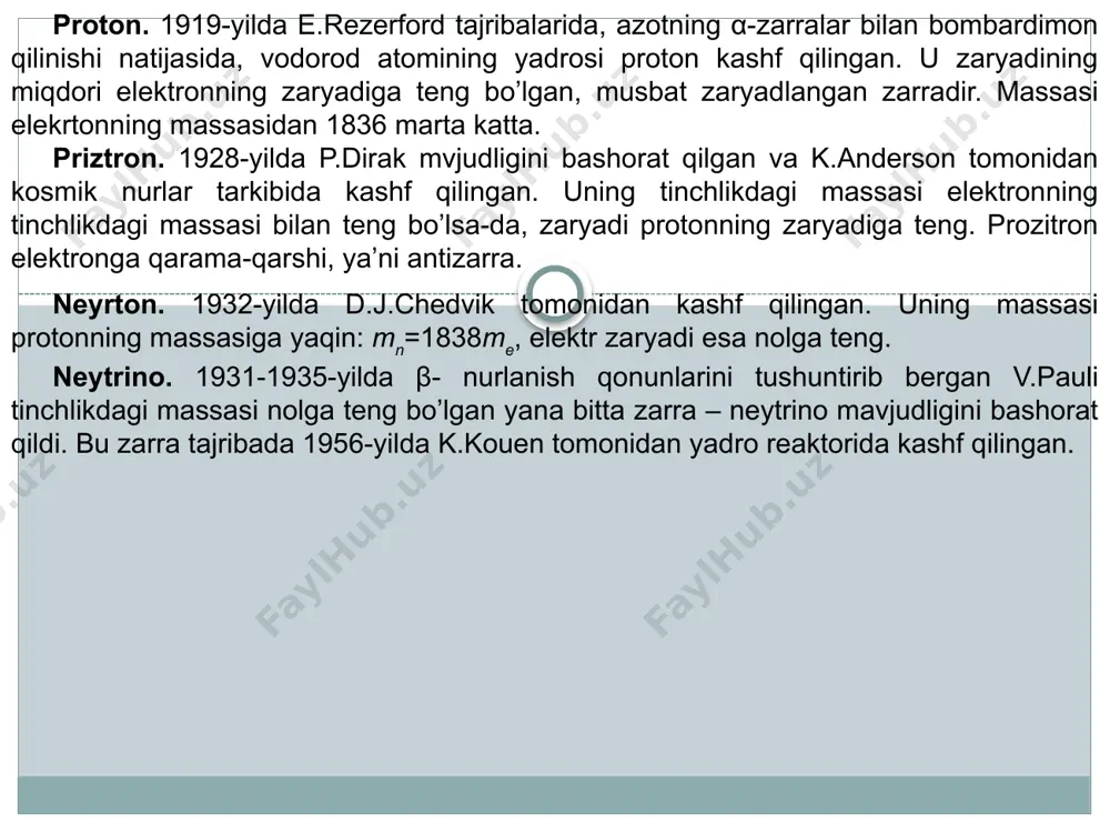 tezlatkichlardan chiqayotgan zarralar va kosmik nurlar vujudga keltiriladigan reaksiyalarni o’rganish maqsadida ishlatiladi. rezonanslar. keyingi payrlarda yashash davrlari juda kichik bo’lgan rezonanslar deb ataluvchi zarralar kashf qilindi. ularni bevosita qayd qilishning iloji bo’lmay, vujudga kelganini parchalashida hosil bo’lgan mahsulotlaga qarab aniqlanadi. umuman olinganda, dastlabki paytlarda bor-yo’g’i bir nechagina va materiyaning eng jajji gishtchalari deb hisoblangan elementar zarralar keyinchalik, shu qadar xilma-xil va shu qadar murakkab bo’lib chiqdi. antizarralar. birinchi antizarralar – elektronning antizarrasi – positron kashf qilingandan so’ng, boshqa zarralarning ham antizarrasi yo’qmikan, degan savolli tug’diradi. antizarralar 1955-yilda mis nishonni protonlar bilan bombardimon qilish natijasida hosil qilinadi. 1956-yilda esa antineytron kashf qilindi. hozirgi paytda har bir zarraning o’z antizarrasi, ya’ni massasi va spini teng, zaryadi esa qarama-qarshi bo’lgan zarra mavjudligi aniqlangan. elektron va protonlarning antizarralari zaryadining ishorasi bilan farq qilsa, neytron va antineytron xususiy magnit momentlarining ishorasi bilan farq qiladi. zaryadsiz zarralar foton, π0- mezonlarning o’zlari va antizarralarining fizik xossalari bir …
