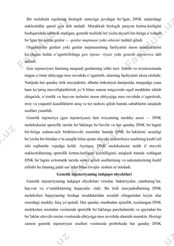 imliklarning hujayrala- ridir. bu tirik mavjudodlarning dnk molekulasi hujayraning boshqa moddalaridan tozalab olinganidan keyin ular orasidagi moddiy farq yo‘qoladi. har qanday manbadan ajratilib, tozalangan dnk molekulasi enzimlar vositasida spetsifik bo‘laklarga parchalanishi va qaytadan bu bo‘laklar ulovchi enzim vositasida ehtiyojga mos ravishda ulanishi mumkin. hozirgi zamon genetik injeneriyasi usullari vositasida probirkada har qanday dnk molekulasi bo‘lagini aynan ko‘paytirish yoki dnk zanjiridagi xohlagan nukleotidni boshqasi bilan almashtirish mumkin. albatta bu qadar yuksak yutuqlarga irsiyat qonuniyatlarini izchillik bilan tadqiq etish natijasida erishildi. irsiyatning moddiy asoslarini o‘rganish tarixi buyuk fransuz olimi lui paster bakteriyalarning xilma-xilli- gini, ularning irsiyati mavjudligini va xususiyatlarining irsiyatga to‘la bog‘liqligini bakteriyalarni klonlash usuli bilan ilk bor ko‘rsat ib17- rasm. bakteriya klonlari: petri idishi sathida bakteriya hujayrasi- ning ketma-ket bo‘linishi natijasida hosil bo‘lgan koloniyalarini (klonlarini) oddiy ko‘z bilan ko‘rish mumkin. berdi (16—17-rasmlar). 1952- yil joshua va ester lederberglar bakteriyalarda genlar mutatsiyasining o‘z-o‘zidan sodir 16- rasm. bakteriyalarning o‘sishi va ko‘pa yishi: t …