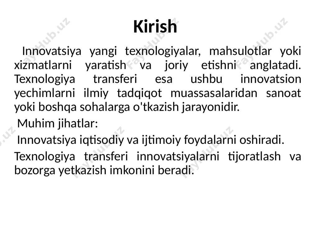 lar, tadqiqot markazlari va sanoat o‘rtasida kuchli hamkorlik bo‘lishi lozim. yaxshi kommunikatsiya texnologiya transferining tezkor amalga oshishiga xizmat qiladi. 3. moliyalashtirish manbalari texnologiya transferi uchun yetarli mablag‘ ajratilishi lozim. innovatsion loyiha uchun grantlar va investor mablag‘lari jalb qilinishi kerak. 4. yuridik va intellektual mulkiy huquqlar patent va litsenziyalash jarayonlari to‘g‘ri boshqarilishi muhim. texnologiya himoyasi biznesning barqarorligini ta’minlaydi. 5. bozorga moslashuvchanlik yangi texnologiyalar bozorga moslashtirilib, iste’molchilarning ehtiyojlariga javob berishi zarur. misollar: tesla motors: innovatsion avtomobil texnologiyalari va samarali tijorat strategiyasi orqali bozorga muvaffaqiyatli chiqdi. google ai: sun’iy intellekt sohasidagi yangi ishlanmalarni bozorga tezkor chiqara oldi. texnologiya transferining ushbu omillari muvaffaqiyatli transfer jarayonini tashkil etishda asosiy rol o‘ynaydi. texnologiya transferining afzalliklari va cheklovlari texnologiya transferi jarayoni tashkilotlar, kompaniyalar va ilmiy muassasalar uchun katta imkoniyatlarni taqdim etsa-da, uning ba'zi cheklovlari ham mavjud. afzalliklari: innovatsiyani rivojlantirish: yangi texnologiyalarni tezkor amaliyotga joriy etish imkoniyati. iqtisodiy foyda: raqobatbardoshlikni oshirish va bozor ulushini kengaytirish. ilmiy hamkorlik: ilmiy …