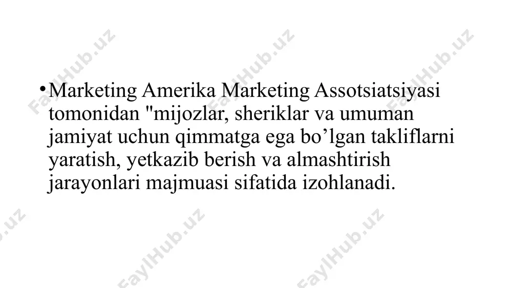 qilinadi. marketing, iste’molchilarga yoki boshqa korxonalarga reklama qilish, sotish va yetkazib berishni o‘z ichiga oladi. mustaqil soha sifatida marketing, kompaniyaning iste’molchilarini jalb qilish va ular bilan munosabatlarni saqlab qolishga qaratilgan barcha harakatlarini o‘z ichiga oladi. marketing–bu savdoga tayyorlanish uchun barcha tadbirlar tizimini tashkil qiladi. marketing "mahsulotni ishlab chiqaruvchidan yoki sotuvchidan iste’molchiga yoki xaridorga, shu jumladan, reklama qilish, jo‘natish, saqlash va sotish bilan bog‘liq faoliyatning umumiy majmuyi" deb ta’riflanadi. filipp kotler marketingni xaridorlarning ehtiyojlari va xohishlarini (istak) almashinuv jarayoni orqali qondirish sifatida ta’riflaydi. marketing amaliyoti o‘tmishda ijodkorlik, reklama, tarqatish va sotish singari ijodiy soha sifatida qaralgan. biroq marketing tadqiqotlarida ijtimoiy fanlar, psixologiya, sotsiologiya, matematika, iqtisod, antropologiya va nevrologiyaning keng qo‘llanishini ta’minlaganligi sababli, marketing hozirgi kunda keng miqyosda fan sifatida e’tirof etiladi. «marketing konsepsiyasi» tashkilotning maqsadlarini qondirish uchun potensial iste’molchilarning ehtiyojlari va istaklarini oldindan belgilash va raqobatchilardan ko‘ra samaraliroq ta’minlashi kerakligini bildiradi. ushbu konsepsiya adam smitning "xalqlar boyligi" kitobida birinchi marta aytib …