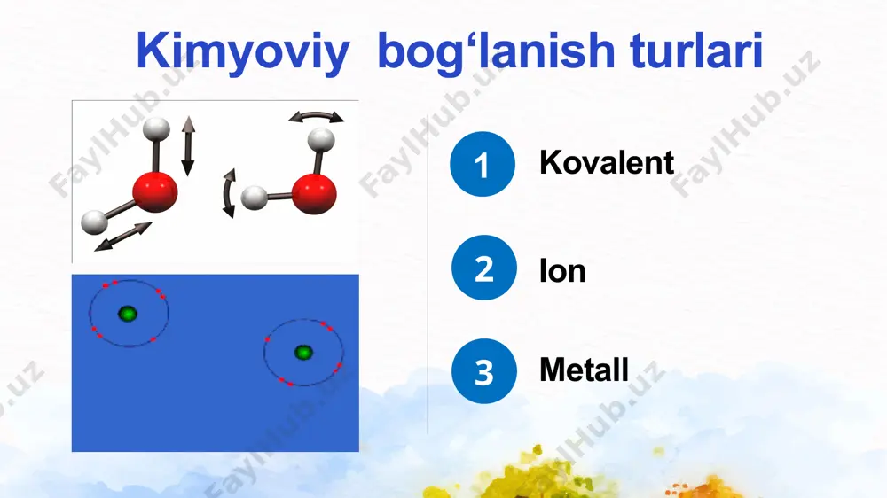 ‘zaro ta’sirlashuvidan vujudga keladi. bog‘ yo‘nalganligi — molekulaning fazoviy strukturasini, shaklini belgilaydi. bog‘ qutbliligi — bog‘ o‘qi atrofida umumiy elektron juftining taqsimlanishi asimmetriyasi bilan belgilanadi. bog‘ karraligi — atomlarni bog‘lab turuvchi elektron juftlar soni bilan aniqlanadi. bog‘ uzunligi — atom yadrolari orasidagi masofaning muvozanat holati (nm larda o‘lchanadi). bog‘ energiyasi — bog‘ni uzish uchun bajariladigan ishga teng (kj/mol larda o‘lchanadi). bog‘lanish energiyasi ayrim elementlarning tashqi energetik qavatidagi s-elektronlar yadroga kuchsiz bog‘langanligi tufayli ular kimyoviy reaksiyalarda oson elektron beradi. na cl 0,93 3,16 na 20 kimyoviy bog‘ turini aniqlang qutbli kovalent qutbli kovalent qutbli kovalent qutbsiz kovalent h3n p2o5 s8 b2o3 f2 qutbsiz kovalent quyidagi birikmalarda bog‘ hosil bo‘lish mexanizmini ifodalang + h f - f h + [ ] n + 3 h h h h n + сl сl cl cl cl2 nh3 hf bog‘ turi va birikmalar h2, f2, cl2 h2o, nh3, hf nacl, kcl, cacl2 h2o, c2h5oh, …