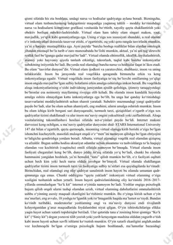 tlardagi texnika taraqqiyoti insoniyatning ijtimoiy-ma’naviy hayotdan uzoqlashuviga, aniqrog‘i, fan-texnika rivoji odamzodni saodatga emas, balki manfaatlar yo‘lida o‘zaro muxolif tomonlar shakllanishiga xizmat qilmoqda. to‘g‘ri, ijtimoiy farovonlikka erishish uchun fan-texnika rivoji suv va havodek zarur. lekin bunday ko‘rinishdagi taraqqiyotning ma’naviy va atrof-muhitga salbiy ta’sirini hech ham oqlab bo‘lmaydi. texnokratik qadriyatlarni shakllantirish uchun, avvalo, uning tarkibiy qismlaridan biri bo‘lgan virtual (lot. virtualis – mumkin bo‘lgan, muayyan shart-sharoitlarda namoyon bo‘lishi mumkin yoki zarur) borliqni o‘rganish hamda uning insoniyat ongi va qalbiga ijobiy va salbiy ta’sirlarini tadqiq etish zarurdir. “virtual borliq” atamasini ilk bor o‘tgan asrning 70-yillarida massachusets texnologiya instituti xodimi jeron lener ishlatgan bo‘lsa-da, “muomalaga amerikalik kinematografchilar tomonidan kiritilgan.ular muayyan sabablarga ko‘ra, tabiiy yo‘l bilan amalga oshirib bo‘lmaydigan xayoliy imkoniyatlarni belgili-grafik shaklda amalga oshirish mumkinligi haqidagi kinolentani shu nom bilan chiqarganlar”. bugungi kunda turli ko‘rinishdagi axborotlarni uzatishga moslangan texnologiyalarning ijtimoiy-ma’naviy hayotning turli sohalariga shiddat bilan kirib borayotganini kuzatishimiz mumkin. qadriyatlarning makon bilan bog‘liq xususiyatlari …
