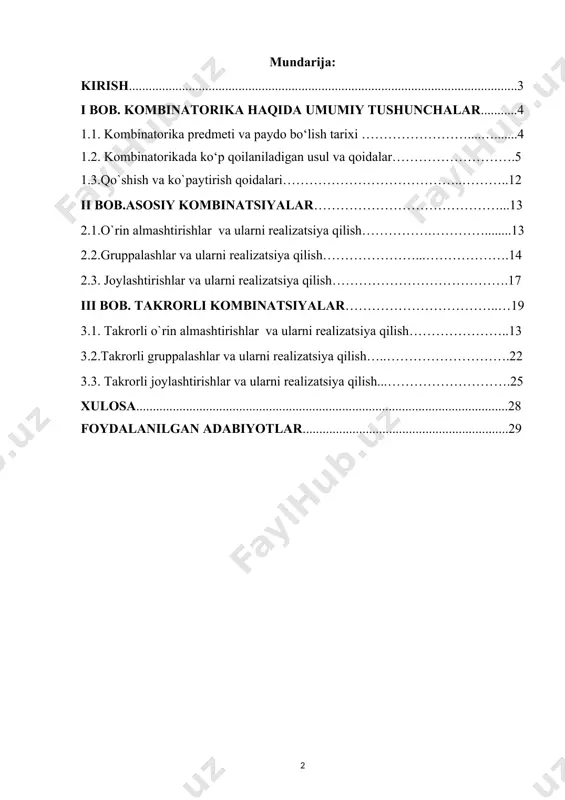 a optimallashtirish algoritmlarini o'rganish bilan shug'ullanadi. matematikaning bu bo'limi diskret matematikaning boshqa bir qator tarmoqlari bilan chambarchas bog'liq: ehtimollar nazariyasi, grafiklar nazariyasi, sonlar nazariyasi, guruhlar nazariyasi va boshqalar. ushbu qo'llanmaning birinchi paragraflari klassik kombinatorikaning elementlariga bag'ishlangan: joylashtirishlar, almashtirishlar va kombinatsiyalar. quyidagi bo'limlarda eng ko'p uchraydigan muammolarning ba'zi sinflari ko'rib chiqiladi: cheklovlar bilan kombinatoryal masalalar, maketlar va bo'limlarning kombinatoryal masalalari va takrorlanish munosabatlari yordamida echiladigan kombinatoryal masalalar. i bob kombinatorika haqida umumiy tushunchalar kombinatorika, to‘plam, element, tartiblash, kombinatsiya, kombinatorik tuzilma, birlashma, kesishma, kortej, figurali sonlar, matematik induksiya usuli, qo‘shish va ko‘paytirish qoidalari, kiritish va chiqarish qoidasi, umumlashgan qo‘shish, ko‘paytirish hamda kiritish va chiqarish qoidalari, bulean. 1.1. kombinatorika predmeti va paydo bo‘lish tarixi matematikaning kombinatorik tahlil, kombinatorik matematika, birlashmalar nazariyasi, qisqacha, kombinatorika deb ataluvchi bo‘limida cheldi yoki muayyan ma’noda cheklilik shartini qanoatlantiravchi to‘plamni (bu to‘plamning elementlari qanday bo‘lishining ahamiyati yo‘q: harflar, sonlar, hodisalar, qandaydir predmetlar va boshqalar) qismlarga ajratish, ulami o'rinlash va …