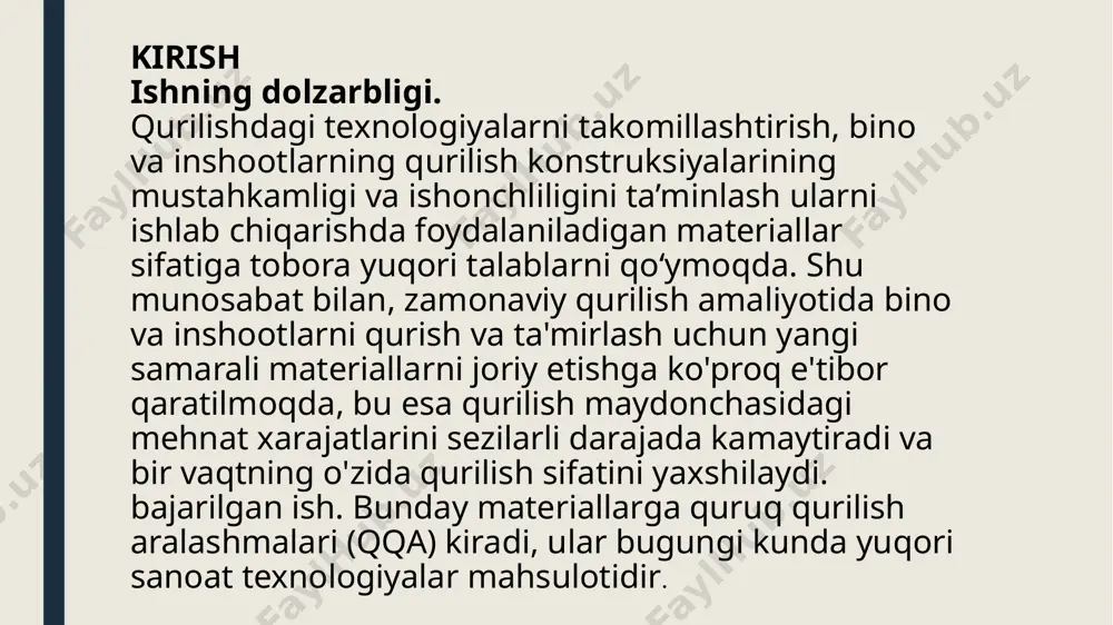 lliy ishlab chiqaruvchilar tomonidan ishlab chiqarilgan turli xil quruq qurilish aralashmalari asosidagi kompozitlarning biostabilligini o'rganish. 3. turli qurilish materiallarini, quruq qurilish aralashmalarini biohimoya qilish sohasidagi mahalliy va jahon tajribasini tahlil qilish. 4. kiritilgan biotsid qo'shimchasining optimal miqdorini aniqlash va uning sement kompozitlarining tuzilishi va xususiyatlariga ta'sirini o'rganish. tadqiqotning ob’ekti. tadqiqot ob’ekti sifatida sement, gips, na2so4,ventum shpatelovka, ohak, nitrat kislota, sulfat kislota, ammiak mahsulotlari olindi. tadqiqotning predmeti. biologik va kimyoviy noqulay muhitlarga chidamli, shuningdek, fizik-mexanik xossalari yaxshilangan biosidal qo‘shimchalar bilan quruq qurilish kompozitlarini o’rganish. quruq qurilish aralashmalari to‘g‘risida tushunchalar quruq qurilish aralashmalari – bu ko‘p komponentlardan tashkil topgan bo‘lib, ularning tarkiblarida mineral bog‘lovchi va to‘ldirgichdan tashqari, mineral bog‘lovchining qotishi va mustahkamligini boshqarish va aralashma qotgandan keyingi zarur fizik-mexanik xossalarga erishishini ta’minlash maqsadida kimyoviy qo‘shimchalar kompleksi mavjuddir. hozirgi vaqtda quruq qurilish aralashmalari juda xilma-xilligi bilan ajralib turadi. hozirgi vaqtda respublikamizda 40 yaqin kichik va o‘rta biznes tadbirkorlari tomonidan quruq qurilish qorishmalari ishlab …