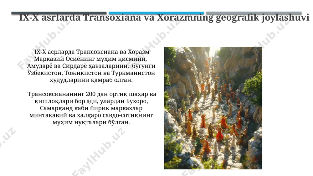 abi yirik shaharlar atrofida shakllangan turli amirliklar va mustaqil hukmdorliklarga bo'lingan edi, bu esa doimiy siyosiy beqarorlikni keltirib chiqargan. xorazmda esa xorazmshohlar sulolasi 9-10 asrlarda o'z hukmronligini mustahkamlab, qator qo'shni hududlarni bo'ysundirib, 30 dan ortiq viloyatni nazorat qilgan. ix-x asrlarda transoxiana va xorazmning diniy hayoti ix-x asrlarda transoxaniyaning samarqand va buxoro shaharlarida 100 dan ortiq masjid va madrasalar faoliyat yuritgan bo'lib, ularning aksariyati hanafiy mazhabi tarafdorlari edi. 9-10 asrlarda transoxiana va xorazmda islom olimlari, masalan, buxoroning imom al-bukoriy kabi shaxslari, hadis ilmining rivojlanishiga katta hissa qo'shdilar. ix-x asrlarda transoxiana va xorazmning san'ati ix-x asrlarda samarqand va buxoroda 20 dan ortiq yirik masjidlar va madrasalar qurilgan bo'lib, ularning me'morchiligi va bezagi xorazm san'atining o'ziga xos xususiyatlarini aks ettiradi. transoxiana va xorazm miniatyuralari ix-x asrlarda islom san'atining rivojiga sezilarli hissa qo'shgan bo'lib, ularning 10 dan ortiq namunasi bugungi kungacha saqlanib qolgan. ix-x asrlarda transoxiana va xorazmning ta'limi xorazmda, xiva va urganch kabi …
