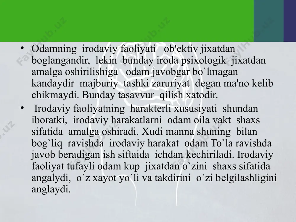 ni unga erishish yo`llari kanday bo`lishni, kanday harakatlar bu maqsadga olib borishini uylash boskichi paydo bo`ladi bunday uylavb ko`rishda ba'zan u yoki bu yo`lning maqsadga muofikligini chamalab ko`rish , maqsadga erishini rеal qiladigan vositalarni tanlash amalga oshiriladi. anna shu jarayonlarning xammasi o`z moxiyati jixatidan iroda akti tarkibiga kirgan intеllеktual momеntalr xisoblanadi. faqat qarorga kеlishni e'tirof kilmaydigan muloxazalarni chamalab ko`rishgina emas, balki o`zaro bir-birini inkor qiluvchi harakatlarni amalga oshirishga undovchi extiyojlar ob'еkti o`zining axamiyati jixatidan qanchalik o`zaro barobor bo`lsa, bunday ko`rash xam shunchalik kuchli bo`ladi. motivlar ko`rashi natijasida qarorga kеlish paydo bo`ladi: shubxalanish va ikkilanishlarni chеtga surib tashlab, qarorni amalga oshirish kеrak bo`ladiyu agar qarorga kеlingandan sung xam «shubxalanish kurti» odamni bеzovta qilishda davom eta bеrsa, bunday irodaviy harakat xakikiy xayratdan, kuyilgan maqsadga intilishdan maxrum bo`ladi. bir kator xollarda qarorga kеlishning o`zi boshka kuchli extiyojlarning ta'sirini zaruriy tarzda еngish bilan bog`liq bo`lgan dеyarli jiddiylik haraktеrilagi nixoyat darajadagi ichki zur bеrish bilan …