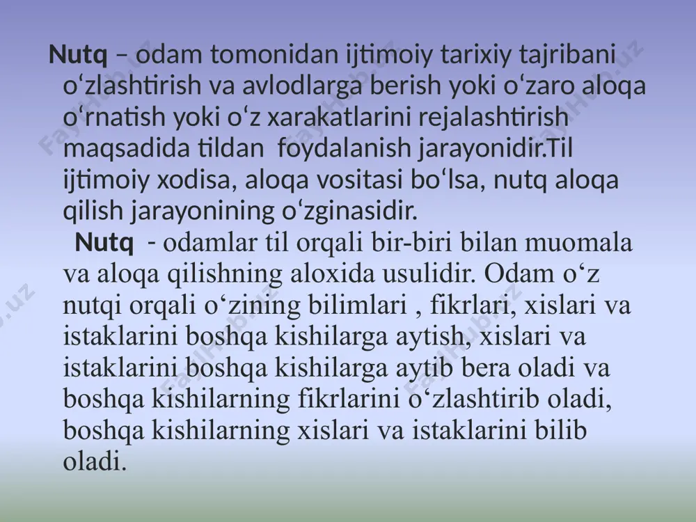 qо‘zg‘ovchi shaklda - yozilgan sо‘z; 3) kinestezik qо‘zg‘ochi shakl sifatida - aytilayotgan yoki yozilayotgan sо‘z i.p.pavlov organlarining ki­nestezik qо‘zg‘alishi alohida ahamiyatga ega ekanligini ta’kidlaydi: «nutq, avvalo, nutq organlaridan bosh miya pastiga о‘tuvchi maxsus kinestezik qо‘zg‘alishdir. nutq ikkinchi signallardir, signallarning signalidir». eshitilib turgan, aytilayotgan va kо‘rinib turgan (yozuv) sо‘z qо‘zg‘avchi bо‘libgina xizmat qilmasdan, shu bilan birga, qо‘zg‘alishga javob reaksiyasi bо‘lib ham xizmat qiladi. bunda javob reaksiyasi bо‘lgan sо‘z о‘z navbatida - ikkinchi signal sistemasidagi jarayonlarni vujudga keltiradigan qо‘zg‘avchidir. qо‘zg‘avchi nutq va javob sо‘z reaksiyasi bо‘lgan nutq, bosh miya pо‘stining maxsus uchastkalari bilan - nutq markazlari bilan bog‘langan. nutq markazlari eshitish markazi, harakatlantirish markazi va kо‘rish markazi deb uch xil markazga bо‘linadi. eshitish markazi sо‘z chakkaning orqa bо‘limida joylashgan. miya-ning bu uchastkasi eshitilgan sо‘zlarni idrok qiladi, boshqalarning nutqini tushunish va о‘zlashtirishni vujudga keltiradi, bu markaz buzilib qolga-nida nutq chuvalab ketadi, buni sensorli afaziya deb ataladi. bunday kasalga duchor bо‘lgan kishi о‘zgalarning nutqini …