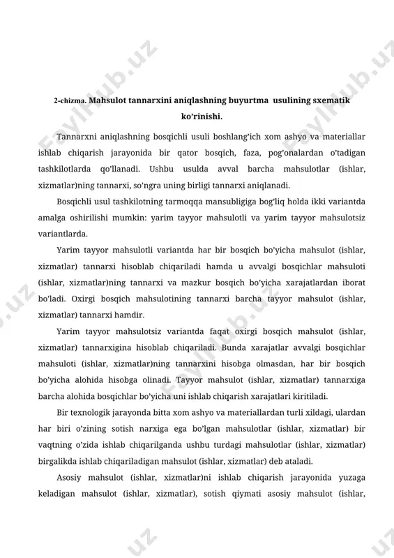 ishlar, xizmatlar) tannarxi hisoblab chiqariladi hamda u avvalgi bosqichlar mahsuloti (ishlar, xizmatlar)ning tannarxi va mazkur bosqich bo’yicha xarajatlardan iborat bo’ladi. oxirgi bosqich mahsulotining tannarxi barcha tayyor mahsulot (ishlar, xizmatlar) tannarxi hamdir. yarim tayyor mahsulotsiz variantda faqat oxirgi bosqich mahsulot (ishlar, xizmatlar) tannarxigina hisoblab chiqariladi. bunda xarajatlar avvalgi bosqichlar mahsuloti (ishlar, xizmatlar)ning tannarxini hisobga olmasdan, har bir bosqich bo’yicha alohida hisobga olinadi. tayyor mahsulot (ishlar, xizmatlar) tannarxiga barcha alohida bosqichlar bo’yicha uni ishlab chiqarish xarajatlari kiritiladi. bir texnologik jarayonda bitta xom ashyo va materiallardan turli xildagi, ulardan har biri o’zining sotish narxiga ega bo’lgan mahsulotlar (ishlar, xizmatlar) bir vaqtning o’zida ishlab chiqarilganda ushbu turdagi mahsulotlar (ishlar, xizmatlar) birgalikda ishlab chiqariladigan mahsulot (ishlar, xizmatlar) deb ataladi. asosiy mahsulot (ishlar, xizmatlar)ni ishlab chiqarish jarayonida yuzaga keladigan mahsulot (ishlar, xizmatlar), sotish qiymati asosiy mahsulot (ishlar, xizmatlar)ga qaraganda juda past bo’lgan mahsulot (ishlar, xizmatlar) qo’shimcha mahsulot (ishlar, xizmatlar) deb ataladi. ( тайёр махсулот сотилган махсулот …