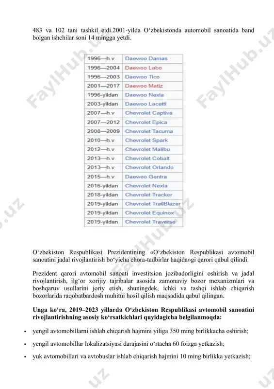 . shu tariqa avtomobilsozlikni mustaxkam poydevori yaratildi. jv man auto-uzbekistan — oʻzbekiston-olmoniya qoʻshma korxonasi. man rusumli yuk mashinalari ishlab chiqaradi. 2009-yilda oʻzavtosanoat va man shirkatlari oʻrtasidagi kelishuvga binoan tashkil topgan. kelishuv oʻzbekiston prezidenti islom karimov va man bosh direktori hokan samuelsson tomonidan imzolangan. zavodi samarqandda joylashgan. korxonaning barqaror faoliyat korsatishi uchun barcha ishi-xizmatchilar nemis tilini oʻrganishgan va nemis mutaxassislari tomonidan oʻqitilganlar. 2009—2012-yillar davomida yuk avtomobillari samarqand avtomobil zavodida ishlab-chiqarildi. 2012-yilda jomboy tumanida man avtomobil zavodi qurib bitkazildi. rejaga koʻra, zavod yiliga 500dan 1500 donagacha yuk mashinalari ishlab chiqarishi kerak edi[8][9]. yuk mashinalari mdh mamlakatlariga ham eksport qilinadi. 1995-yilda oʻzbekistonning autosanoat kompaniyasi va turkiyaning kochxolding kompaniyasi bilan hamkorligda samarqand viloyatida autobuslarni ishlab chiqarish boshlandi. samkochauto davlat royhatiga olindi va 1999-yilda otayoʻl rusumli autobuslarni tayyorlash boshlandi, shu yilning oʻziga 163 ta autobus, 302 ta yuk automobili ishlab chqarildi. 2000-yilda esa bu koʻrsatkichlar 483 va 102 tani tashkil etdi.2001-yilda oʻzbekistonda automobil sanoatida band …