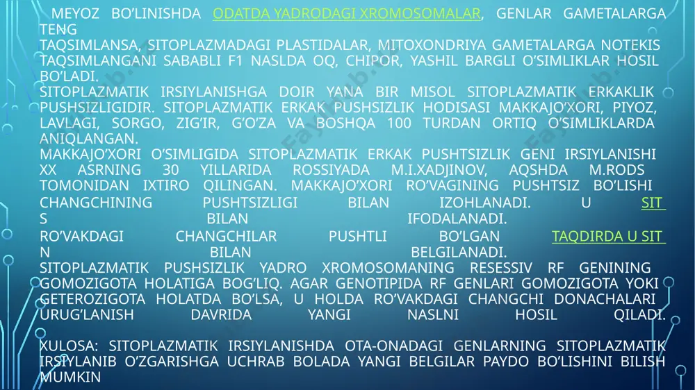 ya, fitopatologiya, entomologiya, ekologiya, biokimyo, oʻsimlikshunoslik va qishloq xoʻjaligi mahsulotlarini qayta ishlash texnologiyasi bilan chambarchas bogʻliq. ibtidoiy s. koʻrinishlari (beixtiyor tanlash) dehqonchilik paydo boʻlgan davrlardan boshlangan. bunday s. astasekin muayyan maqsadli yoʻnalishlarda olib borilgan. s.ning keyingi rivojlanish bosqichlarida irsiyat qonunlarining kashf etilishi katta ahamiyatga ega boʻldi. shuningdek, s.ning rivojlanishida i.v. michurinnit ishlari ham muhim rol oʻynadi. irsiy oʻzgaruvchanlikning gomologik katorlar qonuni hamda madaniy oʻsimliklarning kelib chiqish markazlari toʻgʻrisidagi taʼlimot muallifi n. i. vavilov s.ning rivojiga katta hissa qoʻshdi. yevropa va amerikada s. 19-asrda rivojlana boshladi. fransiyada l. vilmoren koʻp marta tanlash yoʻli bilan qand lavlagining tanlab olingan shakllari qandliligini 3 hissa oshirishga erishdi. shved seleksioneri g. nilsonele oʻzidan changlanuvchi oʻsimliklarda yakka tanlash usulini qoʻllab, sulining qimmatli navini yaratdi. aqshdal. byorbank duragaylashni qatʼiy tanlash bilan qoʻshgan holda mevali oʻsimliklar va boshqa ekinlarning eng yaxshi navlarini yaratdi. rossiyada s. ishlari 19-asr oxiridan rivojlana boshladi. e’tiboringiz uchun rahmat! image3.png image2.png