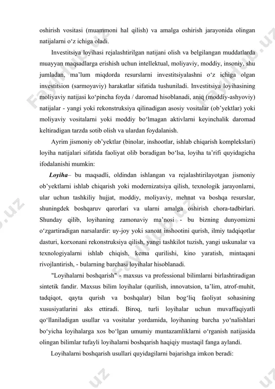 oshqalar) bilan bogʻliq faoliyat sohasining xususiyatlarini aks ettiradi. biroq, turli loyihalar uchun muvaffaqiyatli qoʻllaniladigan usullar va vositalar yordamida, loyihaning barcha yoʻnalishlari boʻyicha loyihalarga xos boʻlgan umumiy muntazamliklarni oʻrganish natijasida olingan bilimlar tufayli loyihalarni boshqarish haqiqiy mustaqil fanga aylandi. loyihalarni boshqarish usullari quyidagilarni bajarishga imkon beradi: · loyihaning maqsadlarini aniqlab olish va uni oqlash; · loyihaning tuzilishini aniqlash (sub-maqsadlar, amalga oshiriladigan ishlarning asosiy bosqichlari); · zarur miqdor va manbalarni aniqlash; · ijrochilarni, xususan, savdo-sotiq va tender savdoni oʻtkazish yoʻli bilan tanlash; · shartnomalarni tayyorlash va tuzish; · loyihaning vaqtini belgilash, uni amalga oshirish rejasini tuzish, kerakli resurslarni hisoblash; · loyiha budjeti va smetani hisoblash; · risklarni rejalashtirish va hisobga olish; · loyihaning amalga oshirilishi ustidan nazoratni ta’minlash va boshqalar. loyihalarni boshqarish - ishlarning tarkibi va koʻlami,loyiha ishtirokchilarining xarajatlari, vaqti, sifati va qondirilishi boʻyicha loyihada aniq natijalarga erishish uchun zamonaviy uslublar, asbob-uskunalarni va boshqaruv texnologiyalarini qoʻllash orqali uning maqsadlariga samarali erishishga qaratilgan …