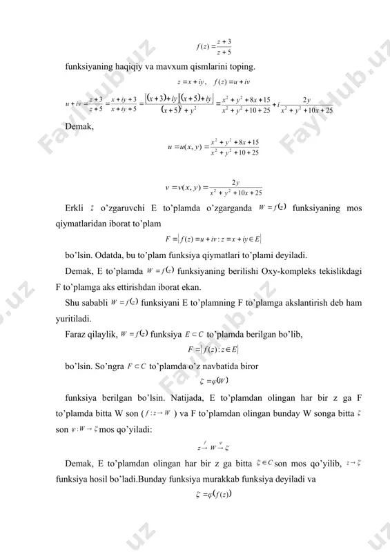 |z - |<( tengsizlikni qanoatlantiruvchi barcha z(e qiymatlarida tengsizlik bajarilsa, a kompleks son funksiyaning dagi limiti deb ataladi va kabi belgilanadi. va bo’lsin. 1-teorema: fuktsiyaning da a limitga, ega bo’lishi uchun bo’lishi zaur va etarli. isbot. zarurligi. aytaylik, bo’lsin. limit ta’rifiga binoan , olinganda ham ( ki, z argumentning 0<|z- |<( tengsizlikni qanoatlantiruvchi barcha z(e qiymatlarida tengsizlik bajariladi. ravshanki, bo’lib, |z - |<( bo’lishidan bo’lishi kelib chiqadi. ikkinchi tomondan quyidagi tengsizliklar o’rinli bo’ladi. demak, , ki, bo’lganda tengsizliklar bujariladi. bu esa , ekanligini bildiradi. etarliligi, aytaylik, , bo’lsin. limit ta’rifiga asosan, , olinganda ham, ga ko’ra ki, tengsizliklarni qanoatlantiruvchi da tengsizliklar bajariladi. bulardan foydalanib topamiz: demak, . terema isbot bo’ldi. aytaylik, hamda funksiyalar to’plamda berilgan bo’lib, z0 nuqta e to’plamning limit nuqtasi bo’lsin. agar , bo’lsa, u holda bo’ladi. funksiyaning uzluksizligi. faraz qilaylik, funksiya to’plamda berilgan bo’lib, nuqta shu to’plamning limit nuqtasi bo’lsin. 4-ta’rif. agar , son uchun shunday son …
