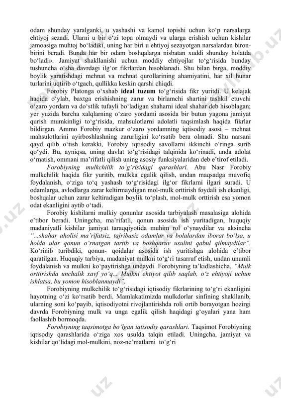 ikricha, pul «barcha sotib olinadigan» buyumlardagi inson mehnatining miqdoriy mazmunini aks ettiradi. u «mehnatning qiymatini», ya’ni ish haqini tavsiflab, uning miqdori: birinchidan – «kishi mehnati miqdoriga», ikkinchidan «boshqa mehnatlar ichida uning tutgan o‘rniga», va uchinchidan «odamlarning unga (mehnatga) bo‘lgan ehtiyojiga» bog‘liq deb tasdiqladi. ibn xoldun: “ijtimoiy hayot asosini mehnat faoliyati tashkil etadi”, · deydi. uning yozishicha, «jamiyatning ahvoli, uning boyligi va ravnaqi faqat mehnatga va kishilarning boylikni o‘zlashtirishga bo‘lgan ishtiyoqiga bog‘liq. agar odamlar yashash vositalari to‘g‘risida qayg‘urmasalar va ularga egalik qilish uchun mehnat qilmasalar unda bozorda oldi-sotdi bo‘lmaydi va odamlar oziq-ovqat qidirib, boshqa mamlakatlarga chiqib ketadilar». 2. o‘rta osiyodagi iqtisodiy g‘oyalar o‘rta osiyo mustaqil davlatlarining tashkil topishi, yaqin va o‘rta sharq mamlakatlari bilan aloqalarning kuchayishi ularning fan va madaniyatining yana ham rivojlanishiga katta turtki bo‘ldi. o‘rta osiyo x– xiv asrlarda sharqda ilg‘or ijtimoiy tafakkurlar rivojlangan bir markazga aylandi. bu davrda dunyoga mashhur bo‘lgan forobiy, ibn sino, yusuf xos hojib, amir …
