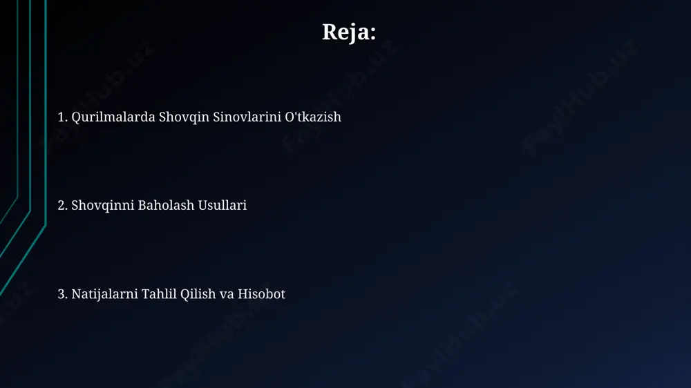 o‘lchov nuqtasi tanlandi va o‘rtacha shovqin darajasi 70 dba deb aniqlandi, bu esa standartlarga mos keladi. shovqinni kamaytirish texnologiyalari shovqinni pasaytirishning passiv usullaridan biri - qurilma korpusining optimallashtirilgan dizayni. masalan, 15 daraja burchak ostida joylashtirilgan qovurg'alar, aqshda ishlab chiqilgan maxsus dasturiy ta'minot yordamida, rezonans chastotalarini 20% ga kamaytiradi. materiallarni tanlash muhim rol o'ynaydi: 10 mm qalinlikdagi polimer kompozit materiallardan foydalanish, masalan, germaniyada ishlab chiqarilganlar, vibratsiyani 50% gacha kamaytirishi mumkin, natijada qurilmalarning shovqin darajasi pasayadi. shovqinni kamaytirishning faol to'siq texnologiyalari, masalan, 20-30 db gacha shovqin darajasini pasaytiradigan fazoviy shovqinni bekor qilish algoritmlari, yaponiyaning sony kompaniyasi tomonidan ishlab chiqilgan va audio qurilmalarida qo'llaniladi. shovqin manbalarini aniqlash shovqin manbalarini aniqlashda, masalan, toshkentdagi avtomobil zavodida ishlab chiqarilgan 100 dona avtomobilning har birida 85 db dan yuqori shovqin darajasi aniqlanganda, asosiy manba sifatida dvigatel va transmissiya tizimlari ko'rsatilishi mumkin. freqüensiya tahlili yordamida 20-5000 gts oralig'ida maksimal shovqin darajasi 3 khz chastotada qayd etilgan bo'lsa, bu …