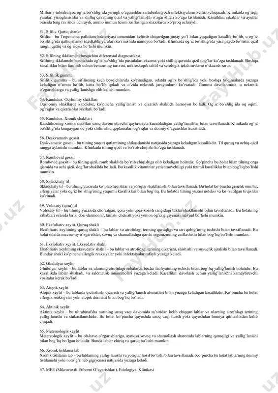 avatda yallig’lanish yoki o’zgarishlar yuzaga kelsa, bu diagnostik aniqlikni ko’rsatadi. 19. yasínovskiy testi (pроба ясиновского) yasínovskiy testi – bu stomatitni va og’iz bo’shlig’ining boshqa yallig’lanish kasalliklarini aniqlash uchun qo’llaniladigan testlardan biridir. test shilliq qavatga turli kimyoviy moddalar yoki mexanik ta’sir ko’rsatish orqali amalga oshiriladi. agar reaktsiya yuzaga kelsa, bu bemorning yallig’lanish jarayonlariga ega ekanligini ko’rsatadi. 20. gistamin testi (gистаминовая проба) gistamin testi – bu allergik reaktsiyalarni va histaminozni aniqlash uchun ishlatiladi. testda gistamin moddasi bemorning og’iz bo’shlig’iga yoki teriga kiritiladi. agar bemorda qizarish, shishish yoki og’riqlar yuzaga kelsa, bu testning ijobiy natijasi hisoblanadi. gistamin testi allergik stomatit, angioedema yoki boshqa allergik reaktsiyalarni aniqlashda yordam beradi. 21. shiller-pisarev testi (pроба шиллера-писарева) shiller-pisarev testi – bu oral diagnostika testidir va og’iz bo’shlig’ida shilliq qavatni bo’yash yordamida amalga oshiriladi. bu testning asosiy maqsadi hujayralar o’zgarishini va og’iz bo’shlig’ida patologik o’zgarishlarni aniqlashdir. agar bo’yoq bir xil rangda o’zgaradigan bo’lsa, bu shilliq qavatning o’zgarishlarini va …