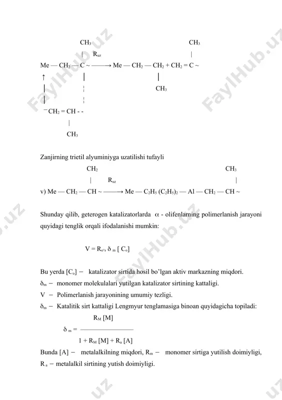 i 48 ( 60 kj/ mol atrofida bo’ladi. zanjirning o’sish tezligini doimiyligi, 300 c da ( al ( ti ning o’zaro nisbati o’zgarmas bo’lganda) rо‘s = 13,6 +, 4 l/ mol.s. ga teng bo’ladi. rо‘s ( ning qiymati al : ti o’zaro nisbatining ortishi bilan kamayadi. shuningdek, zanjirning uzilishi aktiv ( kompleksning miqdoriga nisbatan ikkinchi tartibli reaktsiya bo’lib, uning aktivlanish energiyasining qiymati 65, 5 kj/mol ga teng bo’ladi. shunday qilib, tsigler ( natta katalizatorlari ishtirokida olingan yuqori molekulyar birikmalar juda keng molekulyar massaviy taqsimlanish doirasiga ega bo’ladi. yuqorida keltirilgan polimerlanish jarayonining ifodasi to’g’ridan – to’g’ri qat‘iy tartibli polimerlar hosil bo’lish sabablarini tushuntirib bera olmaydi. shu sababdan dien uglevodorodlarining titan va alyuminiy birikmalari ishtirokida n - katalitik polimerlanishi, dien uglevodorodlarining oraliq metallar bilan hosil qiladigan ( - allil komplekslari ta‘siridagi polimerlanish qonuniyatlariga o’xshash bo’ladi. barcha d – metallarning (ayniqsa nikel, xrom va kobaltning) ( - allil komplekslari katalitik faollikka ega ekanligini …