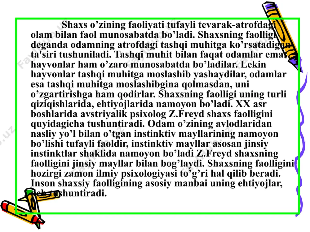 ma'naviyat, qadriyatlar bilan yag’indan tanishishi ularni o’zlashtirish orqali amalga oshiriladi. tabiat tomonidan vujudga keltirilgan jism, narsa, buyum inson uchun biologik ehtiyojni qondiruvchi o’lja ma'nosini va ahamiyatini yo’qotadi. odam boshqa mavjudotlardan farqli o’laroq, ijtimoiy-tarixiy taraqqiyot davrining xususiy ehtiyojlariga xizmat qiluvchi muayyan buyumni zaruriyat talabiga binoan tubdan qayta o’zlashtirishga, takomillashtirishga qodir ongli zotdir. xuddi shu boisdan odamning o’z ehtiyojlarini qondirish jarayoni ijtimoiy-tarixiy taraqqiyot darajasi bilan o’lchanadigan faoliyat shakli va turini egallashning faol muayyan maqsadga yo’naltirilganligi, ma'lum rejaga asoslangan ijodiy ko’rinishi sifatida alohida ahamiyat kasb etadi. insondagi tor ma'nodagi ehtiyojlar uning shaxsiy talablarini qondirish bilan cheklanib qolmasdan, balki hamkorlik faoliyatida yuzaga keluvchi jamoaviy ehtiyojlar yakkaxolligiga oid xususiyat kasb etadi. aytaylik, ma'ruza o’qishga taklif qilingan mashg’ulotga o’qituvchining puxta tayyorgarligi o’z predmetining o’ta fidoiysi ekanligi uchun emas, balki jamoa nufuziga dog tushirmaslik ma'suliyati ijtimoiy burch hissiga nisbatan ehtiyoj sezganligi tufayli amalga oshadi. shaxsiy ehtiyoj guruhiy, jamoaviy munosabatlar uyg’unlashib ketganligi sababli o’zaro qorishiq xususiyatiga ega bo’ladi. …