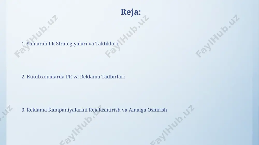 tlarini targʻib qilmoqda va 20% ga yaqin foiz oʻsish kuzatilmoqda. surxondaryo viloyatida joylashgan 3 ta yirik kutubxonaning tadqiqoti shuni koʻrsatdiki, yangi a'zolik dasturlari va chegirmalar bilan bogʻliq reklama kampaniyalari 10% ga a'zolikni ko'paytirgan. hamkorlik va sheriklik самарқанд вилоятидаги 20 та қишлоқ кутубхонаси 5 йил ичида ҳукумат грантлари ва хусусий шериклари ёрдамида 1000 дан ортиқ китобларни тўплади ва ўқувчиларга янги ресурсларни тақдим этди. андижон шаҳридаги миллий кутубхона 2023 йилда 3 та халқаро ташкилот билан ҳамкорликда 15 дан ортиқ семинар ва тренинглар ташкил этиб, кутубхоначиларнинг касбий малакасини оширди. byudjet rejalashtirish va resurslarni boshqarish самарқанд вилоятидаги туман кутубхоналарининг pr ва реклама бюджети ўртача 10-15 млн сўмни ташкил этади, бу маблағларни самарали бошқариш учун 3 ойлик режа ва ҳисобот тизими жорий этилган. тошкент шаҳридаги марказий кутубхона 2024 йил учун pr ва реклама тадбирларига 50 млн сўм бюджет ажратди, бу маблағлар веб-сайт яратиш, ижтимоий тармоқларда реклама кампанияларини олиб бориш ва босма материалларни чоп этишга йўналтирилади. …