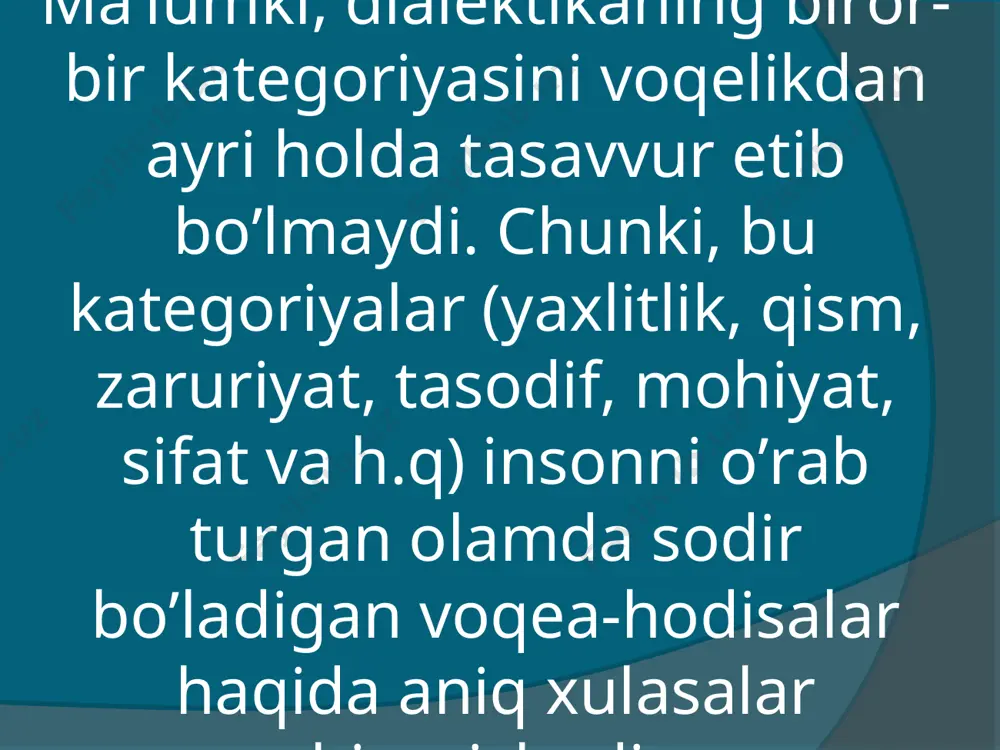 ? 6. ulug’vorlik nimalarda namoyon bo’ladi? 7. tubanlikni siz qanday tushunasiz? 8. qaysi badiiy asarda ulug’vorlik namunalarni kuzatasiz? 9. go’zallikda va moddiy qadriyat tushunchasini tushuntirib bering. misollar orqali. 10. jamiyatdagi ulug’vorlikka qanday misol keltirasiz? 11. kulgulilik tushunchasi nima? 12. kulguning turlariga misollar ayting? 13. qaysi san’at asarida kulgu ustuvor? 14. fojiaviylik ulug’vorlikning davomi ekanligi qanday xususiyatlar bilan izohlanadi? 15. san’atda fojiaviy qaxramon obrazini ifodalashning jihatlarini sanab o’ting? foydalangan adabiyotlar: 1. bichkov.v. estetika a.s.t.2004 2. qurbonmamadov a. estetichiskoye doktrina sufizma.dushanbe.donish.1987. 3. muhammad toqi ja’fariy.san’at va go’zallik.islom nuqtai nazarida (fors tilida). –texron.1987 4. milliy istiqlol g’oyasi: asosiy tushuncha va tamoyillar (oliy ta’lim muassasalari uchun qo’llanma).-t:yangi asar avlodi.2001 5. umarov e.estetika. toshkent.o’z-ton 1995-yil 6. shestakov v.estetischiskiya kotegori.m.nayka.1983 7. sher a. ulug’vorlik. o’z-ton milliy ensiklopediyasi. 9-jild.davlat ilmiy nashriyoti.2004 8. estetika.slovar.moskva.poliztidat.1989 9. umar xayyom.navro’znoma. –t:mehnat.1990 10. b.xusanov.go’zallik niamdir.tafakkur jurnali.2008 №1 11. b.xusanov.ijtimoiy taraqqiyotda estetik qadriyatlarning o’rni (go’zallik kategoriyasi misolida).”falsafa va ijtimoiy taraqqiyot” mavzuyidagi xalqaro konferensiya …