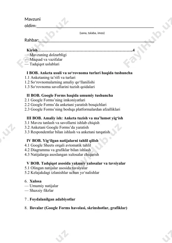 an google forms yordamida anketalarni yaratish, ularni turli respondentlarga tarqatish va yig‘ilgan ma’lumotlarni tahlil qilish jarayonlari keng o‘rganiladi. bu esa talaba uchun nafaqat nazariy bilimlarni mustahkamlash, balki amaliy ko‘nikmalarni rivojlantirish imkoniyatini ham yaratadi. ish davomida oddiy anketadan tortib, grafiklar, jadval va statistik tahlil elementlarini o‘z ichiga olgan professional yondashuvlar ham ko‘rib chiqiladi. tadqiqotning asosiy maqsadi: — google forms vositasi orqali anketalar tuzish, respondentlardan ma’lumot yig‘ish va tahlil qilish bo‘yicha nazariy hamda amaliy yondashuvlarni ishlab chiqishdir. vazifalar quyidagilardan iborat: · anketa va so‘rovnoma turlari haqida nazariy bilim olish; · google forms platformasining imkoniyatlarini chuqur o‘rganish; · anketa yaratish va tarqatish usullarini ko‘rsatib berish; · yig‘ilgan natijalarni tahlil qilish, grafiklar va xulosalar chiqarish; · olingan ma’lumotlar asosida real tavsiyalar ishlab chiqish. tadqiqot ob’ekti sifatida o‘rganilayotgan anketaning mavzusi (masalan: “talabalarning raqamli texnologiyalar haqidagi fikrlari” yoki “raqamli savodxonlik darajasi”) bo‘lib, ushbu mavzu asosida anketaning savollari ishlab chiqiladi va real respondentlarga yuboriladi. so‘ngra ushbu javoblar …