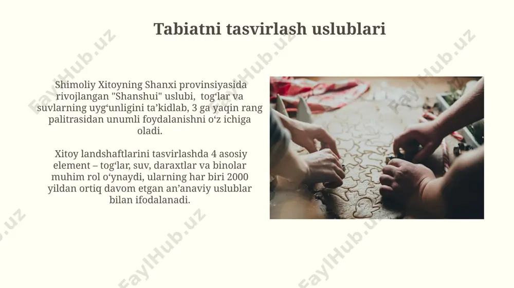 10 foizli qora siyohdan 50 foizgacha bo'lgan konsentratsiyalar, xitoy janubidagi guangdong provinsiyasidan olingan an'anaviy usulda tayyorlangan siyoh bilan rasmning kayfiyatini va chuqurligini belgilaydi. kompozitsiya va muvozanat muvozanatni ta’minlash uchun, masalan, rasmning chap tomoniga joylashtirilgan katta daraxtni o‘ng tomonga joylashtirilgan bir necha kichik butalar bilan muvozanatlashadi, bu esa butun kompozitsiyaning uyg‘unligini ta’minlaydi. xitoy rasmoxolida kompozitsiya 3 asosiy qismdan – yuqori (osmon), o‘rta (yer) va pastki (suv) qismlardan iborat bo‘lib, ularning nisbati 3:5:2 ga yaqin bo‘lishi mumkin. e'tiboringiz uchun rahmat @taqdimot_robot image2.jpg image3.jpg image4.jpg image5.jpg image6.jpg image7.jpg image8.jpg image9.jpg image10.jpg image11.jpg