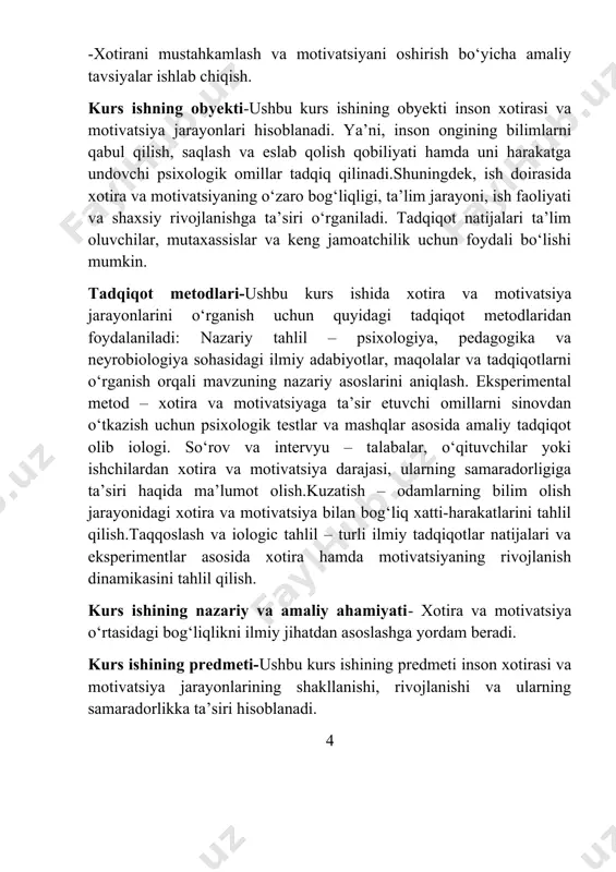 li paytda esga tushirish qobiliyatidir. xotira insonning ta’lim olish, mehnat faoliyati, shaxsiy rivojlanishi va kundalik hayotda muvaffaqiyatga erishishida asosiy rol o‘ynaydi.xotiraning asosiy jarayonlari xotira quyidagi asosiy bosqichlardan iborat: qabul qilish (kodlash) – yangi ma’lumotni qabul qilish va uni ongli yoki ongsiz ravishda eslab qolish. saqlash – olingan ma’lumotni qisqa yoki uzoq muddat davomida ongda ushlab turish. eslash (chaqirish) – kerakli ma’lumotni ongdan topib, uni foydalanishga tayyor holatga keltirish. unutish – ba’zi ma’lumotlarni eslab qolmaslik yoki vaqt o‘tishi bilan iolo chiqarish jarayoni. xotira turli mezonlar bo‘yicha tasniflanadi: vaqt davomiyligiga qarab:qisqa muddatli xotira – ma’lumotni qisqa vaqt (bir necha soniya yoki daqiqa) davomida saqlaydi. masalan, telefon raqamini eslab qolish.uzoq muddatli xotira – uzoq vaqt davomida ma’lumotlarni saqlaydi, bu bilim va tajribalar asosida shakllanadi.operativ xotira – qisqa muddatli va uzoq muddatli xotira o‘rtasidagi bog‘lovchi bo‘lib, ma’lumotlarni vaqtincha saqlash va ishlov berishga yordam beradi. ma’lumotni qabul qilish shakliga qarab:tasviriy xotira – odam ko‘rgan narsalarini …