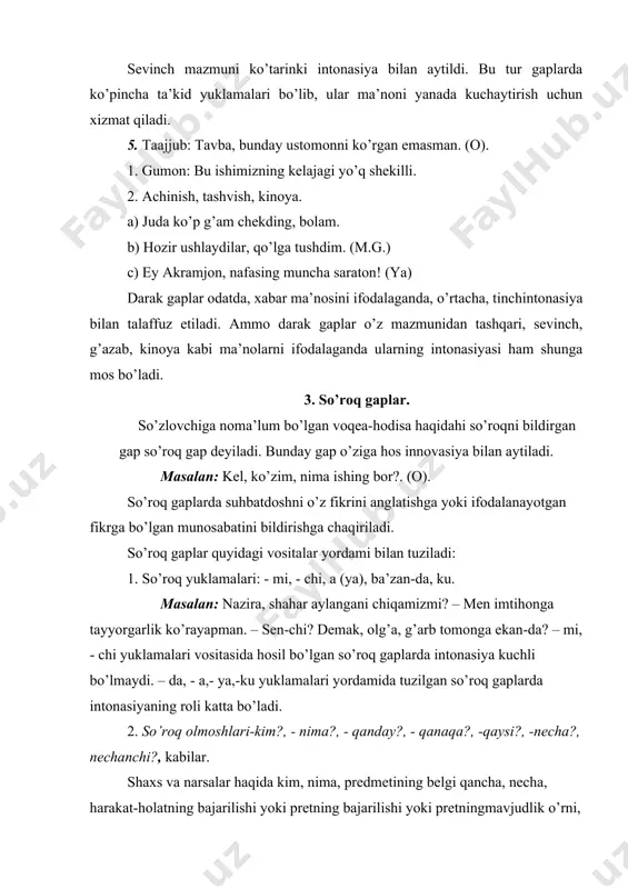 tuman ma’nolarni, xis – tuyg’ularni va so’zlovchinini voqeylikka bo’lgan munosabatini ifodalaydi. 1. sof so’roq gaplar. bu tip so’roq gaplar tinglovchini ma’lum javobini talab qiladi. masalan: qayoqqa olib ketayotibsiz? (a.k.). yulib tashlash kerakmi, yaxshiroq parvarish qilish kerakmi? (a.k.) ba’zan bu tip so’roq gaplar takrorlanib kelishi ham mumkin. bu hol savolga tezda javob olina boshlaganda voqe bo’ladi. masalan: darsga nega kechikib kelding? nega? sof so’rq gaplarda so’roq bilan bir qatorda, taajjub, gumon, shubha kabi qo’shimcha ottenklar ham ifodalanishi mumkin. a) taajjub ottenkasi: nahotki, oily ta’lim egasi bo’luvchi kishi ham intizomsizlik qilsa? b) gumon-shubha ottenkasi: direktorga borib, yashirinib yotgan qudrat haqida so'zlab bersammikan? 2. ritorik so’roq gaplar. bu xil so’roq gaplarning mazmunidan tasdiq ma’nosi anglashilib turadi. shu sababli ritorik so’roq gaplar adabiy tilda emosional ma’nolarni ifodalash uchun stilistik vosita bo’ladi. bo’yraday joyga sholg’om ekkan odamga ham suvmi? (o.). onalarni ham ezozlamaydi? ritorik so’roq gapning maxsus turini aytmaysizmi, bo’ladimi so’zlari bilan kelgan gaplar tashkil …