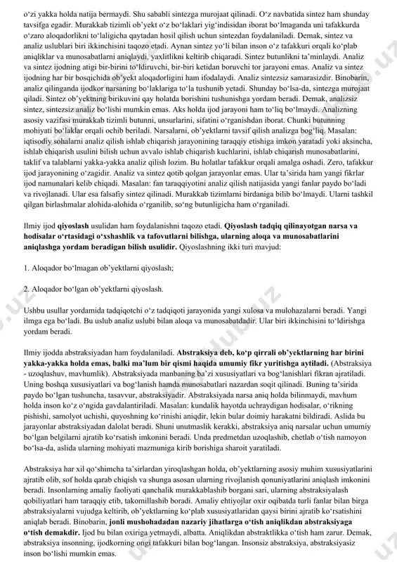 aniqroq aytilganda deduktiv xulosa hukmlar yig‘indisidan iboratdir. ushbu uslub bilimning ma’lum sohasida dalilli ashyoni to‘plangandan so‘ng mazkur materialni (ashyoni) chuqurroq o‘rganish, uni tizimlashtirish, butun natijalarini jiddiy sur’atda xulosa qilib chiqarish va shu kabi vazifalarni bajarish maqsadida qo‘llaniladi. endilikda deduktiv uslub turli shakllarda, asosan aksiomatik, gipoteza-deduktiv usullar shaklida qo‘llaniladi. mavjud dalilli ashyodan deduktiv nazariyalar yaratiladi. nazariya chiqarishda boshlang‘ich qoidalar majmui tanlab olinadi va ulardan fan qonun-qoidalaridan foydalanish yo‘li bilan qolgan butun bilim xulosa qilib chiqariladi. xx asrning boshlarigacha deduksiya yordami bilan matematika va mantiq nazariyalari tuzilgan bo‘lsa, hozirgi paytda fizika, biologiya, lingvistika, sotsiologiya, pedagogika, psixologiya, iqtisodiyot va boshqa fanlarning nazariyalari ham ishlab chiqilishi uchun qo‘llanilishiga harakat qilinmoqda. xususiy xulosalardan umumiy xulosalarga o‘tish abstraksiyasiz bo‘lmaydi. umumiy qonunlardan foydalanish uchun esa abstraksiyadan aniq bo‘lgan holatga o‘tish lozim. umumiy fikrdan, qonundan xususiy qonunlarni mantiqiy ravishda keltirib chiqarish, kashf etish, ijod qilish deduksiyaning asosiy vazifasidir. o‘z vaqtida buyuk alloma al- xorazmiy har xil xususiy hollardan …