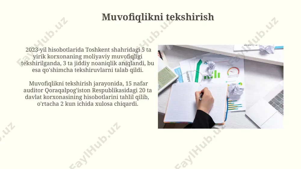 erak. qonun hujjatlariga muvofiqlik auditorlar, soliq kodeksiga (masalan, 15-modda) muvofiq, soliq to'lovlarining to'liq va o'z vaqtida to'lanishini tekshirish orqali, korxonalarning qonun hujjatlariga rioya etish darajasini baholashlari lozim. bu jarayon 3 yillik davrni o'z ichiga oladi. 2021-yilgi o'zbekiston respublikasining 12-sonli qonuniga muvofiq, auditorlar moliyaviy hisobotlarning to'g'riligi va qonun hujjatlariga muvofiqligini tekshirishlari shart, bu esa samarqand viloyati korxonalari uchun ham majburiydir. auditorning javobgarligi xalqaro standartlarga ko'ra, auditorlar hisobotlarning aniqligi va ishonchliligi uchun 100% javobgar bo'lib, har qanday noaniqliklarni aniqlash va hujjatlashtirish majburiyatini o'z zimmasiga oladi. toshkentdagi audit kompaniyasi mijozlarining moliyaviy holatini baholashda kamida 5 yillik tajribaga ega 2 nafar malakali mutaxassisni jalb qilishi kerak. ichki nazorat tizimini baholash ichki nazorat tizimining samaradorligini baholashda, 2023-yil hisobotlariga ko'ra, toshkent shahridagi 5 ta yirik korxonada kamida 3 ta muhim nuqson aniqlangan. ichki audit jarayonlarini baholashda, xalqaro standartlar (iso 9001, cobit)ga muvofiqlik darajasi 70% dan kam bo'lgan 3 ta tashkilot aniqlangan, bu esa samaradorlikka salbiy ta'sir …