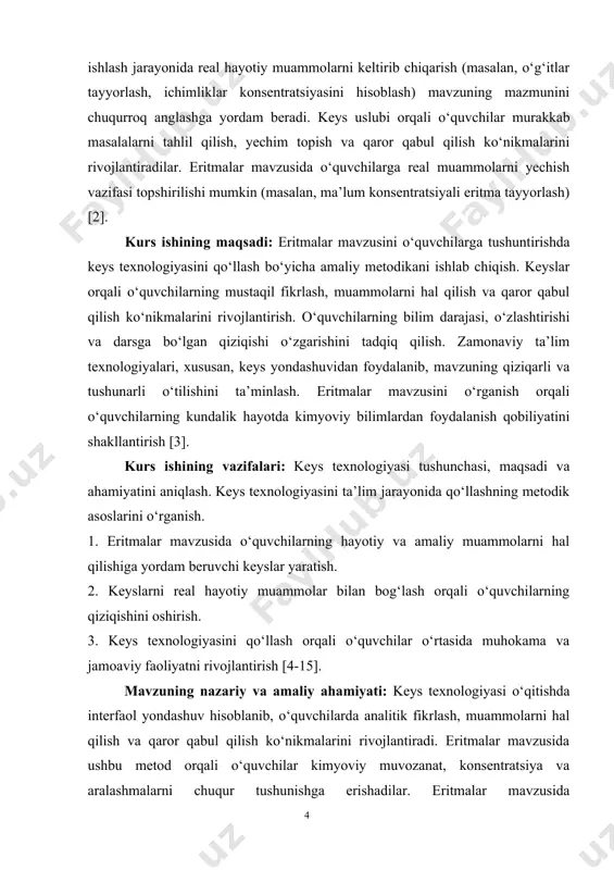 i hal qilish nazariy tushunchalarni amaliyotga tatbiq qilish imkonini beradi. bu mavzuni puxta o‘zlashtirishga yordam beradi. keys texnologiyasi kimyo bilan matematika, ekologiya va boshqa fanlar o‘rtasidagi bog‘liqlikni ko‘rsatadi. masalan, eritmalarni ishlab chiqarishda matematik tenglamalar yordamida hisoblash amalga oshiriladi. kurs ishning tarkibi va hajmi: kurs ishi kirish, asosiy qism, xulosa va foydalanilgan adabiyotlar qismlaridan iborat bo‘lib, umumiy hajmi 27 betni tashkil qiladi. i bob. eritma turlari va eritmaning kansentratsiyasi 1.1.eritmalar haqida tushuncha eritmalar ikki yoki undan koʻp tarkibiy qismlardan va ularning oʻzaro taʻsirlashish mahsulotlaridan iborat bir jinsli sistemadir. masalan, osh tuzining eritmasida erituvchi suv (birinchi tarkibiy qism), erigan modda osh tuzi (ikkinchi tarkibiy qism) va ulaming oʻzaro taʻsir mahsulotlari - gidratlangan ionlar (na+ va cl-) dan iborat. biror hajmda boʻlgan bir yoki bir necha modda yigʻindisi sistema deyiladi. sistemadagi ayrim moddalar tarkibiy qismlar deyiladi. eritmalar suyuq, qattiq va gaz holida boʻlishi mumkin. suyuq eritmalarga har xil tuz, kislota va asoslarning suvdagi …