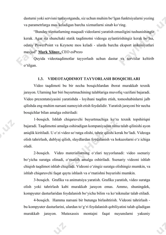 larning o‘zlari tayyorlanadi: video ssenariy bo‘yicha suratga olinadi, o‘rnatish amalga oshiriladi. ssenariy videoni ishlab chiqish taqdimot ishlab chiqiladi. videoni o‘zingiz suratga olishingiz mumkin, va ishlab chiqaruvchi faqat qayta ishlash va o‘rnatishni buyurishi mumkin. 3-bosqich. grafika va animatsiya yaratish. grafika yaratish, video suratga olish yoki tahrirlash kabi murakkab jarayon emas. ammo, shuningdek, kompyuter dasturlaridan foydalanish bo‘yicha bilim va ko‘nikmalar talab etiladi. 4-bosqich. hamma narsani bir butunga birlashtirish. videoni tahrirlash - bu kompyuter dasturlarini, ulardan to‘g‘ri foydalanish qobiliyatini talab qiladigan murakkab jarayon. mutaxassis montajni faqat nuyunslarni yakuniy aniqlashtirgandan so‘ng amalga oshiradi. maxsus dasturlar to‘plangan materiallarni tahrirlash va o‘rnatishga yordam beradi. 5-bosqich. ovoz bilan ishlash. ovozni ijro etish uchun sizga kerakli jihozlar mavjud bo‘lgan studiya orqali yoziladi. 6-bosqich. raqamli media yoki diskka uzatish. video taqdimot kompyuter orqali uzatilishini hisobga olsak, u flesh-kartada yoki ko‘chma qattiq diskda yoziladi. 1.4. videotaqdimot tayyorlash bo‘yicha dastur va servislar powerpoint klassik powerpoint dasturidan video taqdimot dasturi sifatida ham …