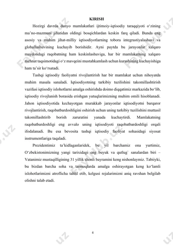o‘ziga xos boshlang‘ich nuqta rivojlangan industrial (sanoat) ishlab chiqarishning vujudga kelishi bo’lib u markaziy o‘rinni egallaydi, undan so‘ng: industrial ishlab chiqarishga qadar bo’lgan davr, ya’ni toindustrial va postindustrial (lotincha post - keyin) davrlarga bo‘linadi. ishlab chiqarishning industrial rivojlanishga qadar bo’lgan (toindustrial) bosqichi quyidagi xususiyatlarga ega: — iqtisodiyotning dastlabki sferasi — qishloq xo‘jaligi ustun bo‘ladi; — aholi asosan dehqonchilik va chorvachilik bilan band; — asosan qo‘l mehnatiga tayanadi; — mehnat taqsimoti nihoyatda past, natural xo‘jalik yuritishga asoslanadi; — aholi ehtiyojlari turg‘un holatda bo‘lgan ishlab chiqarishga xos. ishlab chiqarishning bu bosqichi hozir ham ayrim afrika mamlakatlari (mali, gvineya)ga xos bo‘lib, qishloq xo‘jaligida band bo‘lganlar mehnat unumi 2 kishini boqishga etadi. yer shari aholisining ko’payishi, ehtiyojlarning o‘sishi, ularni qondirish yo’llarini qidirishga majbur qildi. bu oxir-oqibat sanoat to‘ntarishiga olib keldiki, u angliyada xviii asrning 60-yillarida boshlanib, aqshda xix asrning 50-60- yillarida yakunlandi. qo‘l mehnati mashinalar zimmasiga yuklatildi. industrial bosqich quyidagi xususiyatlari bilan farqlanadi: • …