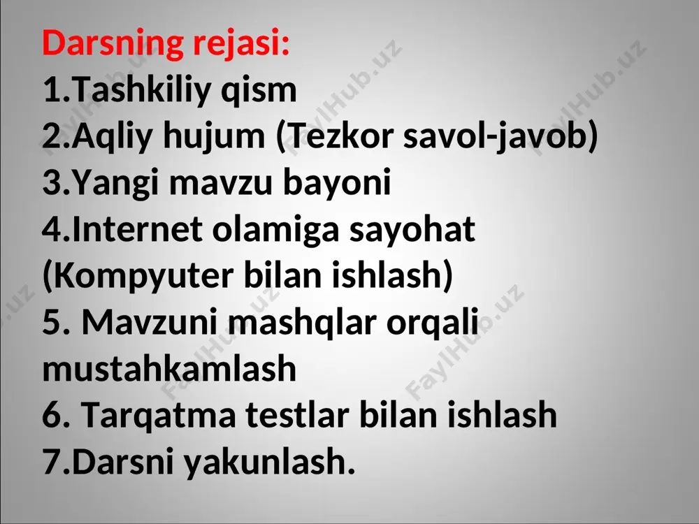 bo’lib ko’rishni ta’minlash,ko’rsatish ma’nolarini beradi.birinchi web-brauzer 1990-yil gern xodimi tim berners li tomonidan ishlab chiqilgan.hozirgi kungacha juda ko’p web-brauzerlar ishlab chiqilgan.mosiac,opera,adwiper,netscape communikator, mikrosoft internet explorer ,mozilla frifox va power brower kabi web-brauzerlar misol bo’la oladi. web-brauzerning asosiy vazifalari quyidagilardan iborat. 1.web-sahifalarni xotiraga yuklash va ko’rish. 2.web-sahifani diskka yozib qo’yish. 3.wwwdagi adres bo’yicha web-sahifani chaqirish. internet explorer dasturi quyidagi usullarda ishga tushiriladi: -masalalar panelidagi piktogrammasi yordamida; -windows ish stolidagi fayl belgisi yordamida; -quyidagi ketma-ketlik yordamida пуск--программы--enternet explorer internet explorer dasturini yopish uchun piktogrammasini yoki fayl menyusining закрыт buyrug’i orqali yoki alt+f4 tugmalarini birga bosih kerak. x internet explorer quyidagi qismlardan iborat: sarlavha satri menyular satri uskunalar paneli adreslar satri ma’lumotlar maydoni holat satri menyular satri quyidagilardan iborat: fayl, tahrir , ko’rinish, tanlangan, servis, ma’lumot fayl menyusi orqali web-sahifani ochish,saqlab qo’yish,qog’ozga chop etish va dasturdan chiqish ishlari amalgam oshiriladi. tahrir menyusi yordamida qirqib olish ,nusxa olish,joylashtirish va izlash kabi amallarni bajaradi. ko’rinish …