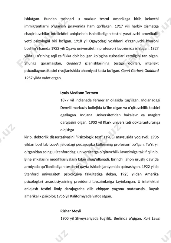 n mashhur kitoblarning avtori. institutni 6 yil boshqargandan so’ng vernsk universitetida professor lavozimida ishlay boshlagan. 1930 yildan intellekt omilini o’rganish bilan shug’ullangan. oxirgi izlanishlari asosida (1981) intellek bo’yicha to’rtta fundamental omil borligini va ular olti yoshda turg’in holatda paydo bo’lishini aniqlagan. o’zining longityud tekshirishlarini (1959) xarakterlangan qirralarning birlamchi elementlarini topishga bag’ishlagan. 1963 yil intellektga atrof-muhitni ta’siri haqidagi tekshirishlari natijasi chop etilgan. bundan tashqari u intellekt bilan o’qishda jarayonidagi muvaffaqiyatga erishishlarning o’zaro bog’liqligi muammosini ochishga harakat qilgan. u 1984 yil vafot etgan. florens laura gudinaf 1886 yil aqshda tug’ilgan. doktorlik unvonini l.termen rahbarligida stenford univesitetida 1924 yil olgan. shundan so’ng uning psixologiya mutaxassisi sifatidagi karyerasi minnesots univesitetida boshlanadi. u yerda bolalar tomonidan chizilgan rasmlarni tahliliga asoslangan intellektni o’lchash shkalasini chop etgan. test katta mashhurlik keltirib o’z mavqyeini ko’p yillar davomida saqlab turgan.1950 yilga kelib, deyl xarris bu testga ma’lum ma’nodagi o’zgarishlar va qo’shimchalarni kiritgan (gudinaf – xarris nomi bilan mashhur rasm …