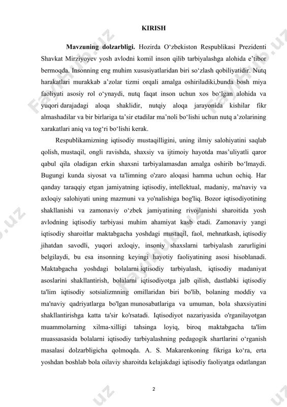 sh, iqtisodiy jihatdan savodli, yuqori axloqiy, insoniy shaxslarni tarbiyalash zarurligini belgilaydi, bu esa insonning keyingi hayotiy faoliyatining asosi hisoblanadi. maktabgacha yoshdagi bolalarni iqtisodiy tarbiyalash, iqtisodiy madaniyat asoslarini shakllantirish, bolalarni iqtisodiyotga jalb qilish, dastlabki iqtisodiy ta'lim iqtisodiy sotsializmning omillaridan biri bo'lib, bolaning moddiy va ma'naviy qadriyatlarga bo'lgan munosabatlariga va umuman, bola shaxsiyatini shakllantirishga katta ta'sir ko'rsatadi. iqtisodiyot nazariyasida o'rganilayotgan muammolarning xilma-xilligi tahsinga loyiq, biroq maktabgacha ta'lim muassasasida bolalarni iqtisodiy tarbiyalashning pedagogik shartlarini o‘rganish masalasi dolzarbligicha qolmoqda. a. s. makarenkoning fikriga ko‘ra, erta yoshdan boshlab bola oilaviy sharoitda kelajakdagi iqtisodiy faoliyatga odatlangan boʻlishi va halollik, g'amxo'rlik, tejamkorlik, mas'uliyat haqida tushunchaga ega boʻlishi lozim. kurs ishining predmeti. maktabgacha yoshdagi bolalar va ularda ilmiy dunyoqarashni rivojlantirish va ulardagi turli kamchilikilarni bartaraf etishda metodist roli, ishlash metodlari, mazmuni, shakl va usullari. kurs ishining ahamiyati: maktabgacha ta’lim muassaasidagi tashkilotining boshqaruv jarayonini aniq belgilangan tamoyillari bilan shug‘uyllanish. bolalar bilan ishlash tarbiyachidan katta kuch va kuch talab qiladi, …