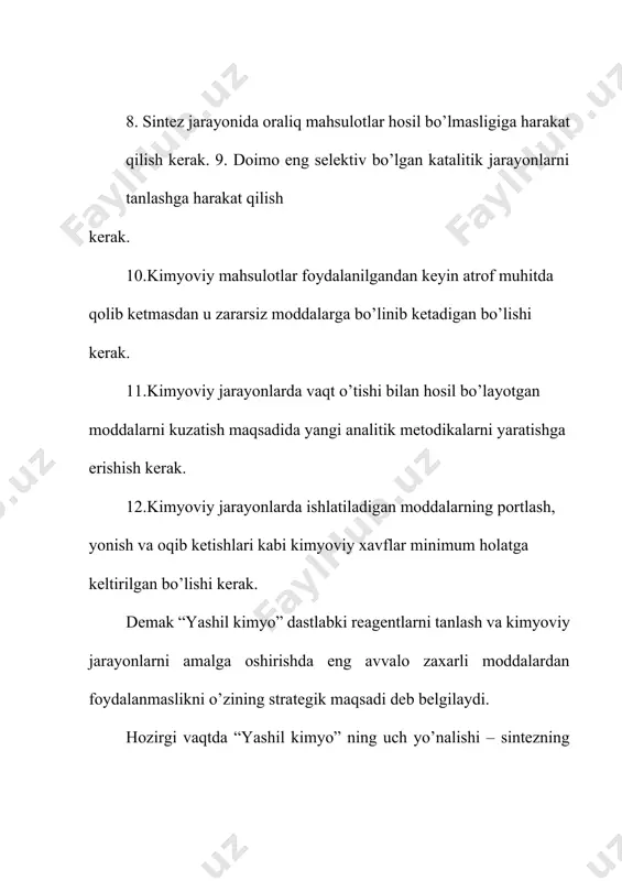ishlarini zamonaviy analiz usullari, toksikologiya elementlarini bilishlari kerak bo’ladi. kimyo o’qitish darslari va amaliyotda o’rganayotganda yashil kimyo elementlarini o’rgatish va bu bilan ekologik mezonni saqlashga ekologik ta‟limni ham rivojlantirishga yordam beradi. kimyo darslari jarayonida o’quvchilarga turli metodlar yordamida kimyo darsiga hamda ekologik yondashishni chambarchaslikda olib ketish quyidagilardan foydalanishimiz mumkin. rebus metodi bu kimyo darsi jarayonida o’qitishni yanada samaradorligini oshirish ya‟niy ko’rgazamali va rasmlar yordamida yondashishdir "rebus" so'zi lotin tilidan "narsalar yordamida" deb tarjima qilingan. rebus xv asrda fransiyada paydo bo'lgan va 1582- yilda ushbu mamlakatda nashr etilgan. o’rta maktab litsey va texnikum oliy ta‟lim muassasalarining integratsiyasida kimyo fanini o’qitishda o’quv dasturlarini ,,yashil kimyo” elmentlarini kiritish kabi qator qarorlar qabul qilingan. bugungi kunda respublikamizda shu qarorlar asosidaqator tadbirlar amalga oshirilmoqda. hozirgi vaqtda dunyo universitetlarida innovatsion yo’l tanlangan va shu asosda ta‟limda ham innovatsion ta‟lim dasturlari ishlab chiqilmoqda. “yashil kimyo” yo’nalishida amalga oshiriladigan ta‟limda o’quvchilar kimyoviy va kimyoviy texnologik jarayonlarni tassavvur qilishga, …