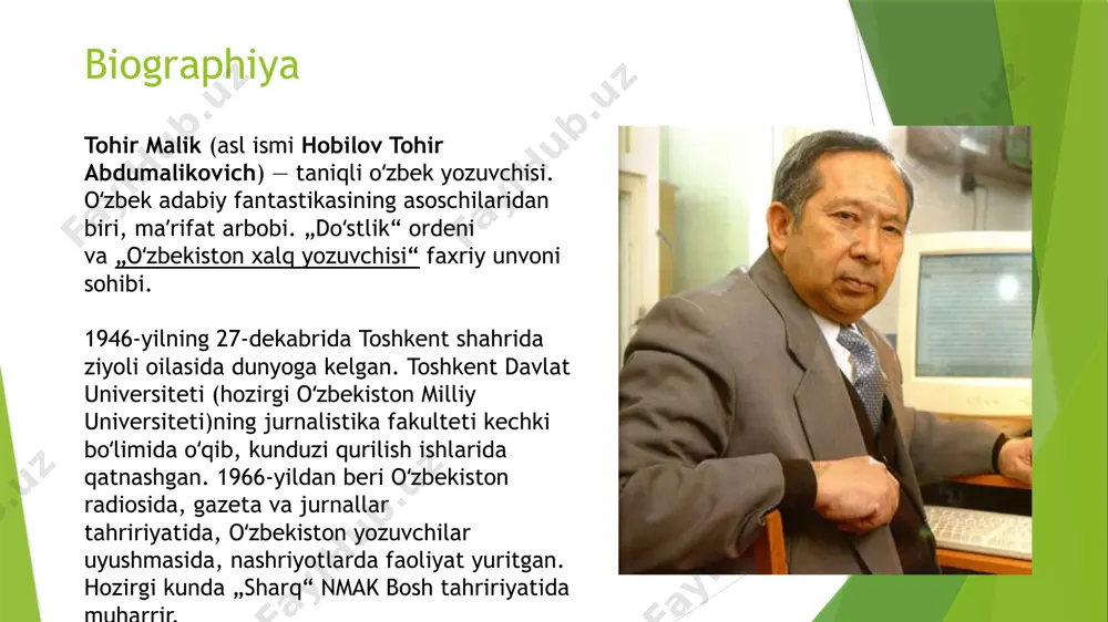 ashriyotda muharrir, 1982–1985-yillarda sharq yulduzi jurnalida, 1985–1987-yillarda choʻlpon nashriyotida bosh muharrir, 1989–91-yillarda „yoshlik“ jurnalida adabiy xodim, masʼul kotib, bosh muharrir, oʻzbekiston yozuvchilari uyushmasida 1988–90-yillar davomida kotib boʻlib faoliyat olib borgan. asarlari birinchi yirik asari — „hikmat afandining oʻlimi“ (1972). „zaharli gʻubor“ (1974), „falak“ (1975), „somon yoʻli elchilari“ (1978), „chorrahada qolgan odamlar“ (1982), „bir koʻcha, bir kecha“ (1983), „alvido, bolalik“ (1989), „soʻnggi oʻq“ (1990), „ov“ (1995) kabi ilmiy-fantastik, sarguzasht qissalari mashhur. „soʻnggi oʻq“ qissasi asosida 7 qismli telefilm (1994) yaratilgan. „qaldirgʻoch“ (1987) epik asari abdulla avloniy taqdiri misolida 20-yillar oʻzbek ziyolilarining shakllanishi haqida bahs yuritadi. „mehmon tuygʻular“ (2003) nomli xotira, yodnoma, adabiy maqolalar toʻplamida adabiy jarayondagi muammolar aks etgan. tohir malikning yozuvchi mirzakalon ismoiliy ijodiy faoliyatini yorituvchi „yozuvchining baxti va baxtsizligi“ (1988), asqad muxtor ijodini taxlil etuvchi „sobir“ (2003), oʻlmas umarbekov ijodiga bagʻishlangan „qiyomat qarz“ (2002) hamda abdulla qodiriy romanlari taxlil etilgan „ibrat maktabi“ (1993) badialari xam bor. tohir malik xujjatli …
